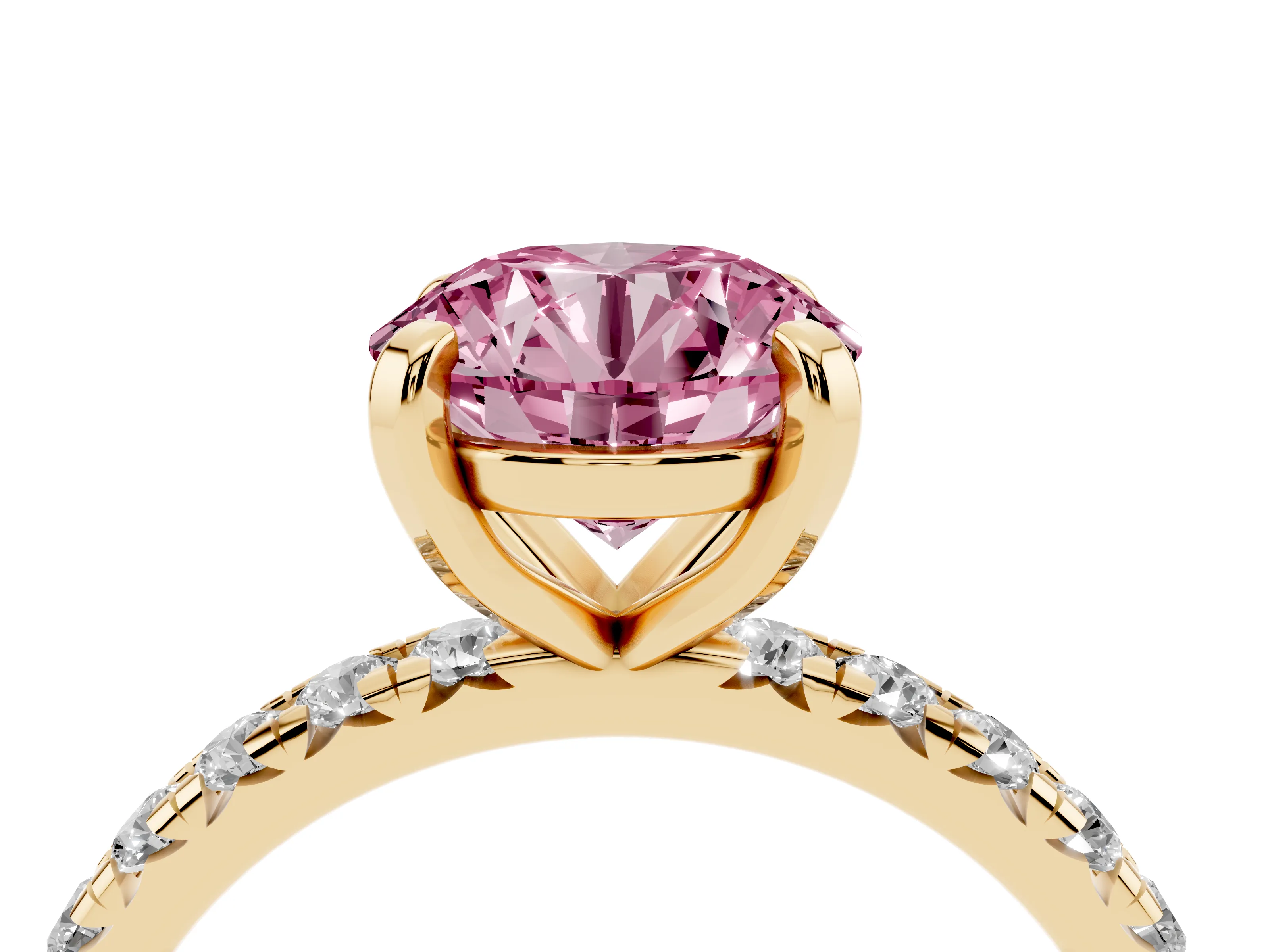 Fancy Pink Round Cut Diamond Pavé Solitaire Ring Set in Yellow gold with Round Band and Prong Setting