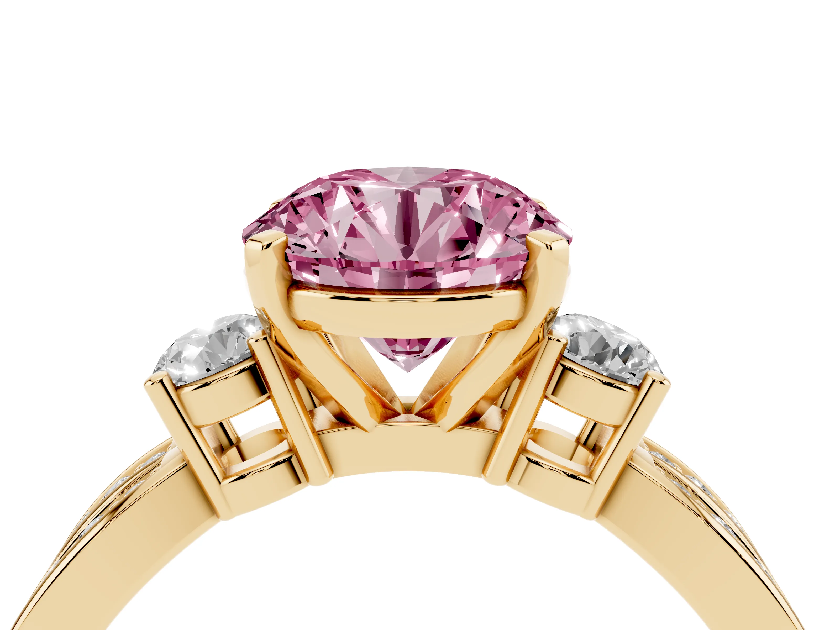 Fancy Pink Three-Stone Round Cut Diamond Twist Band Ring Set in Yellow gold with Pavé Accents and Prong Setting
