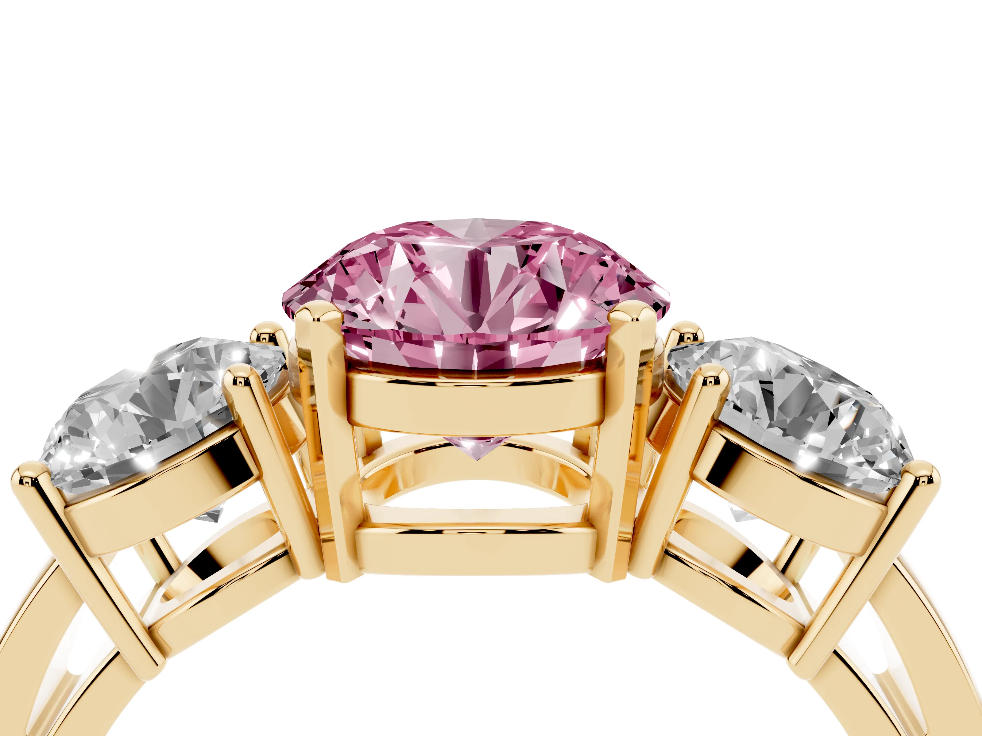 Fancy Pink Round Cut Diamond Three-Stone Ring Set in Yellow gold with Round Side Stones and Classic Band