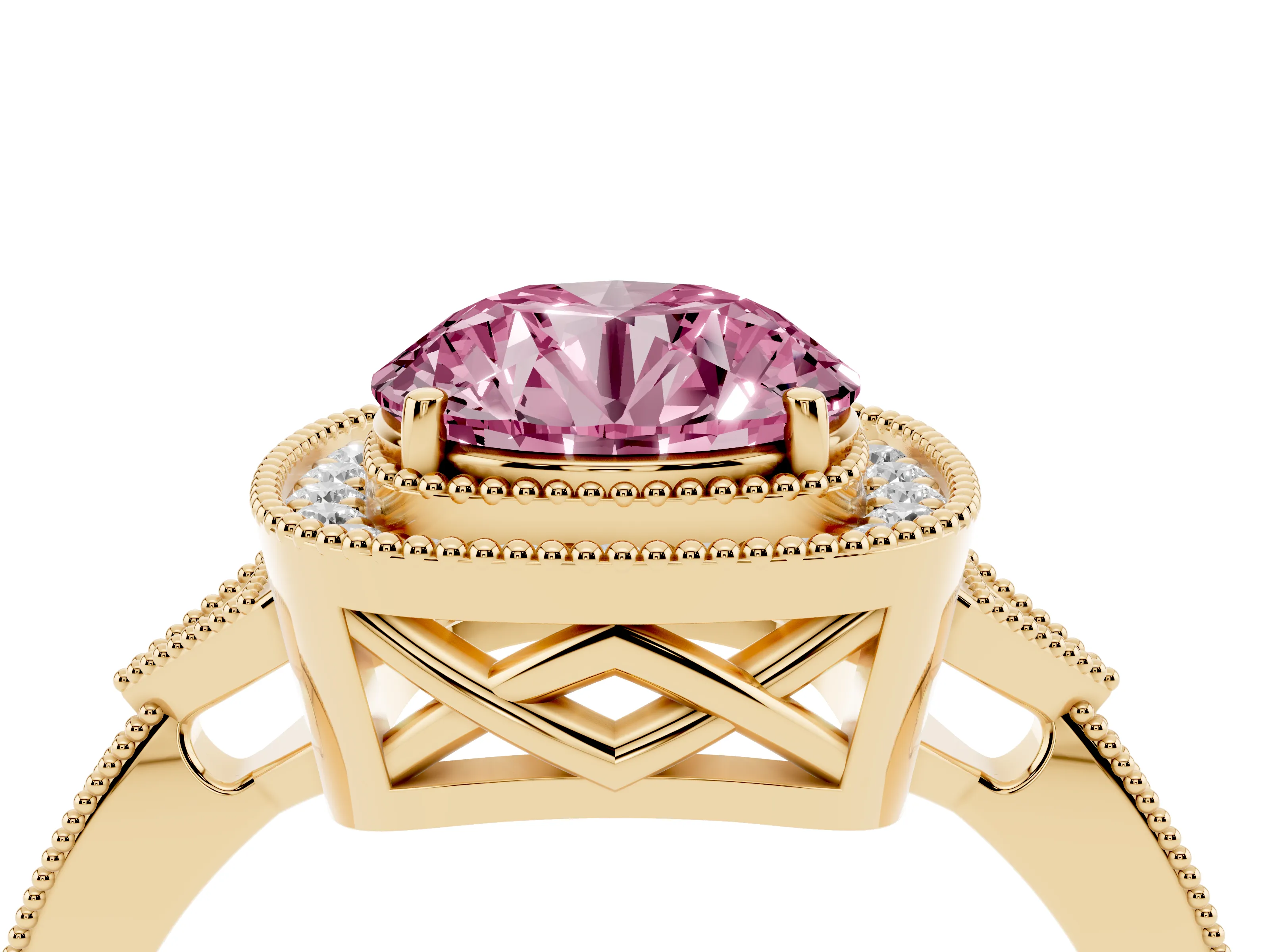 Fancy Pink Round Cut Diamond Halo Engagement Ring Set in Yellow gold with Milgrain Pavé Band