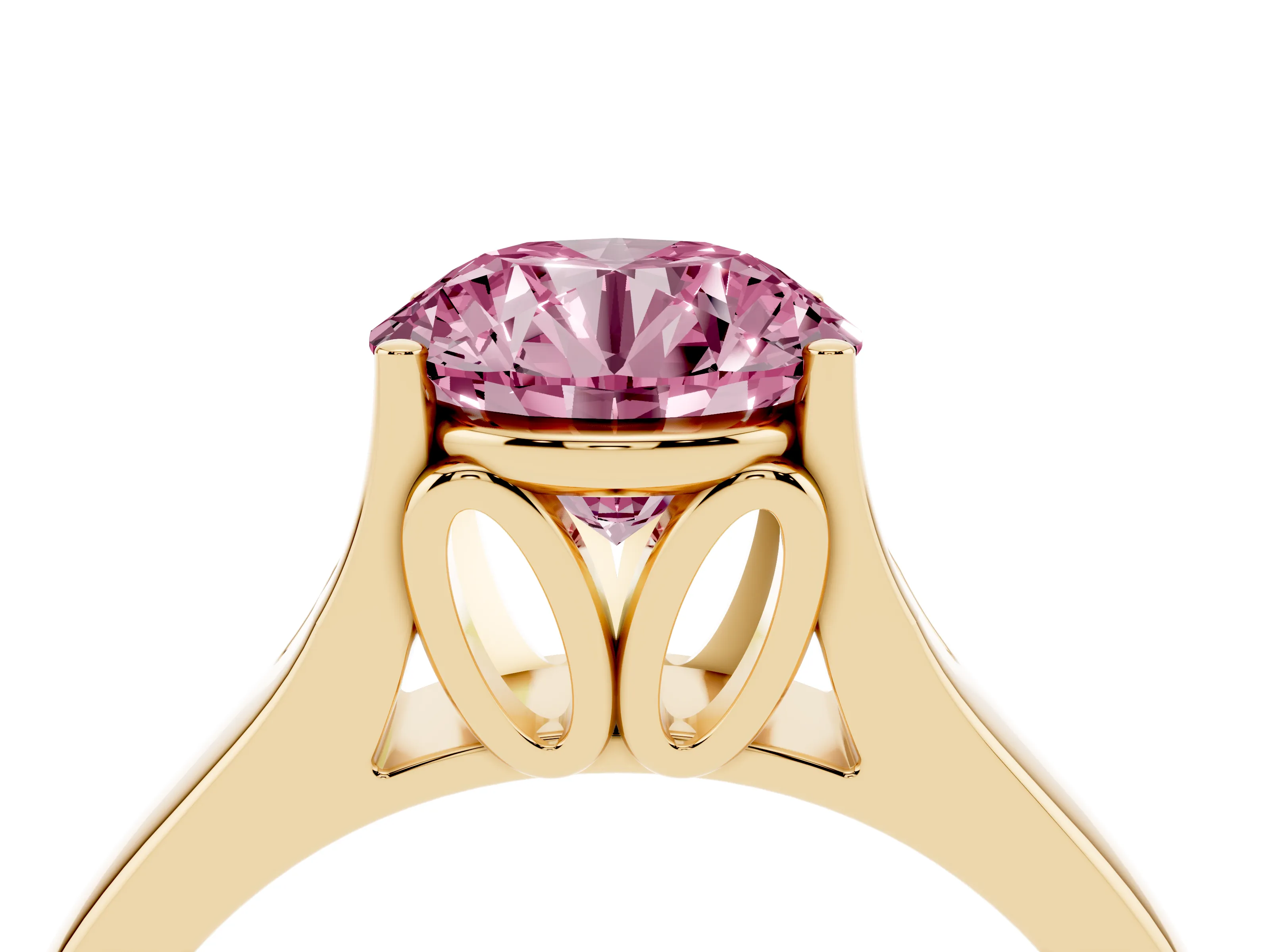 Fancy Pink Round Cut Diamond Solitaire Ring Set in Yellow gold with Arched Cathedral Band and Prong Setting