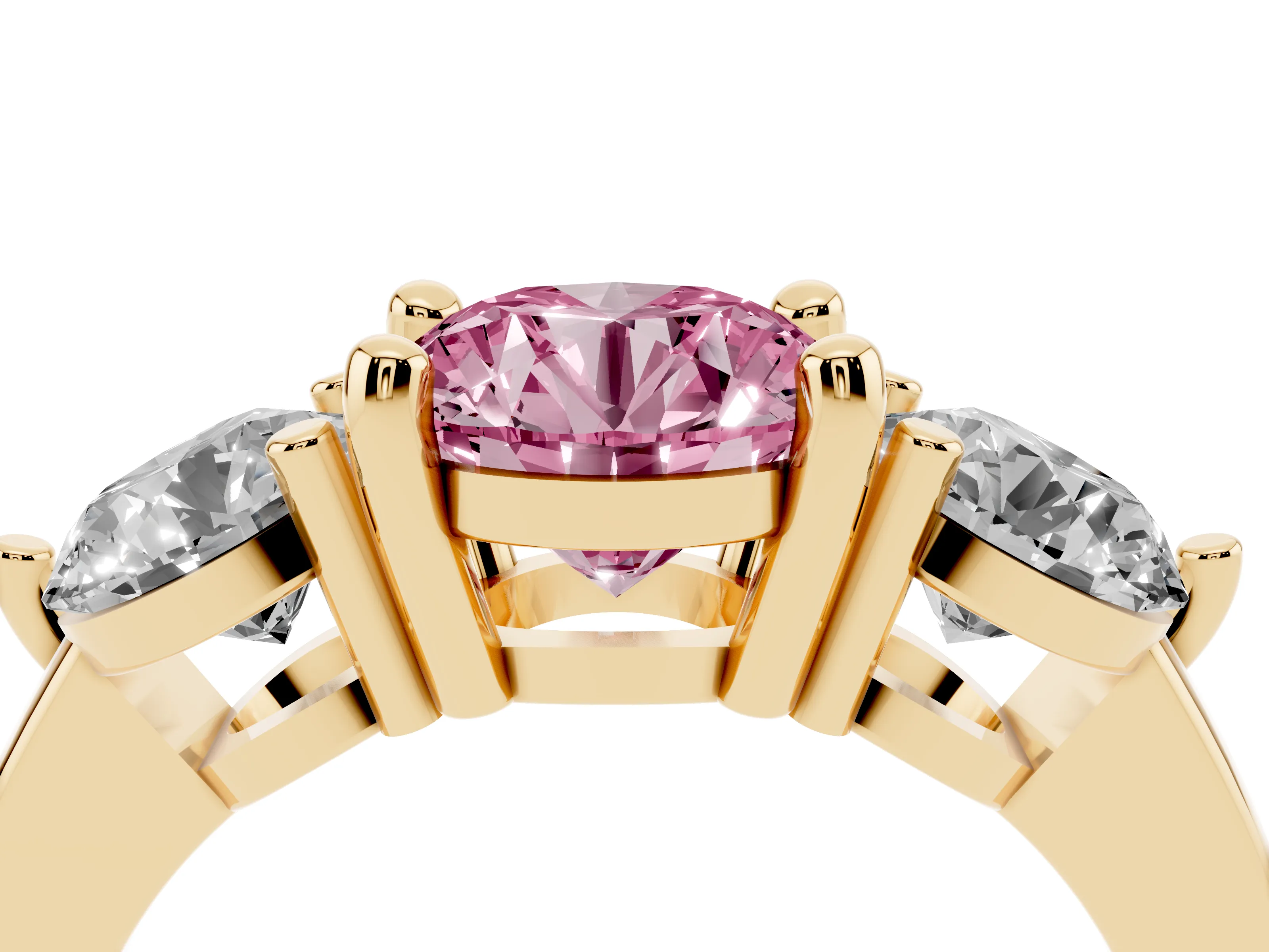 Fancy Pink Round Cut Diamond Three-Stone Ring Set in Yellow gold with Prong Setting and Classic Band