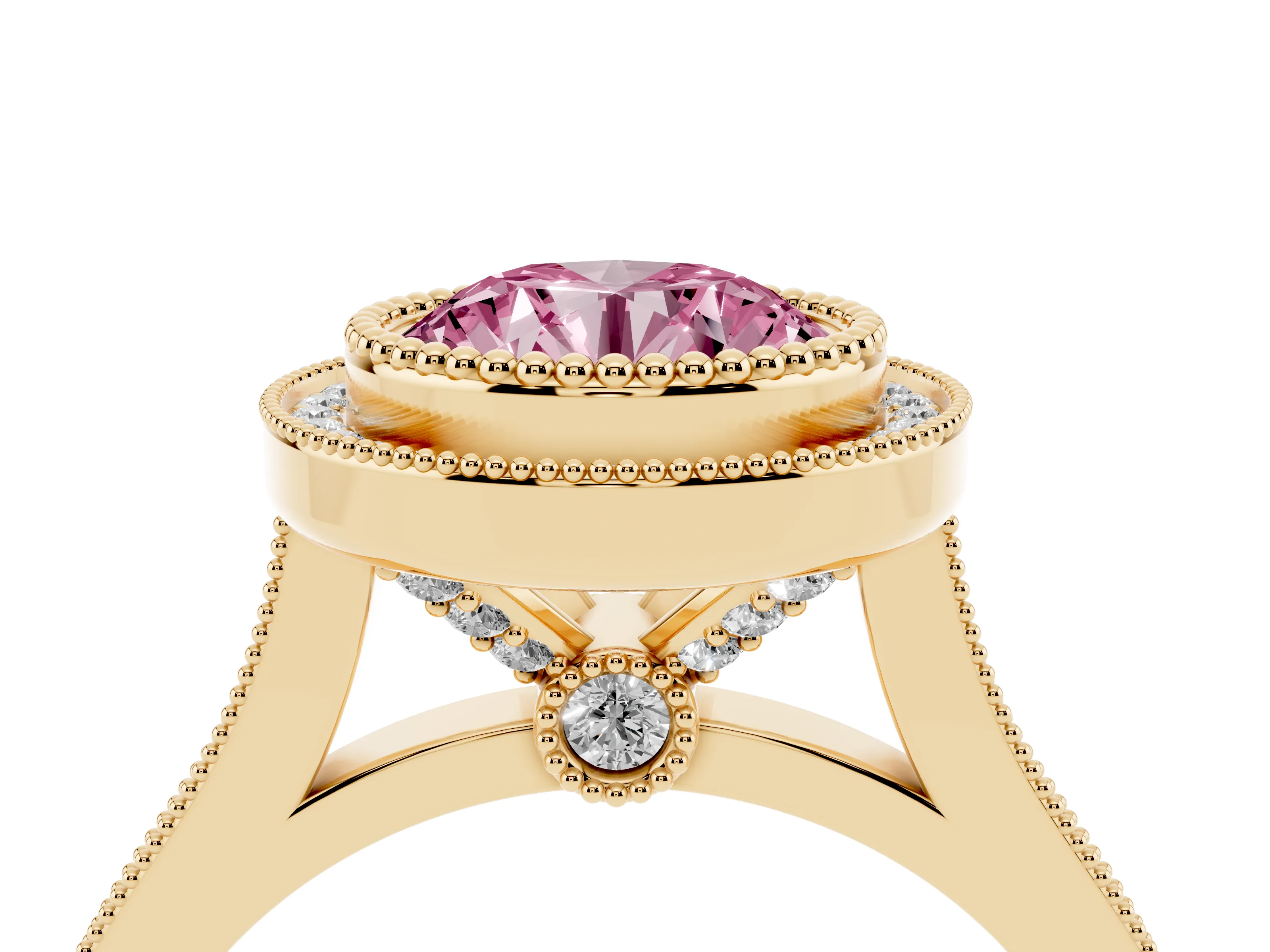 Fancy Pink Round Cut Diamond Halo Ring Set in Yellow gold with Milgrain Frame and Pavé Band
