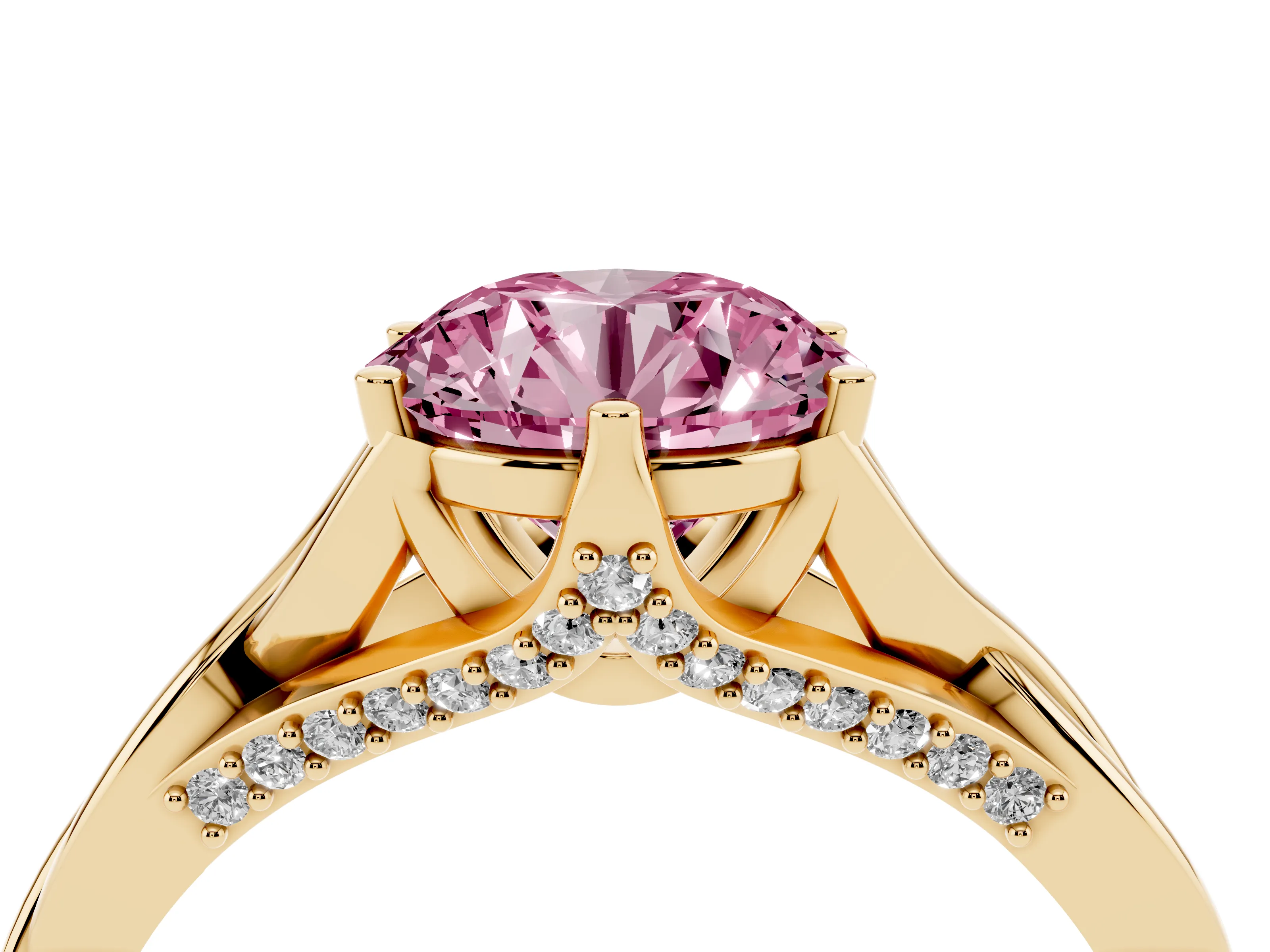 Fancy Pink Round Cut Diamond Intertwined Twist Band Solitaire Ring Set in Yellow gold with Prong Setting