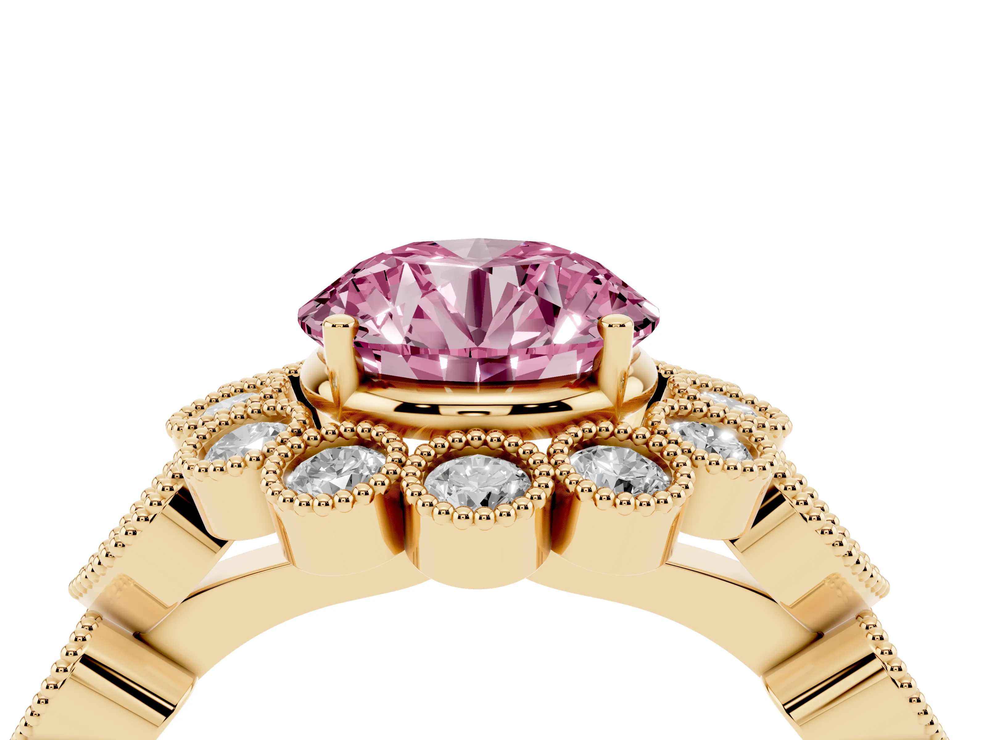 Fancy Pink Round Cut Diamond Solitaire Ring Set in Yellow gold with Milgrain Pavé Heart Band