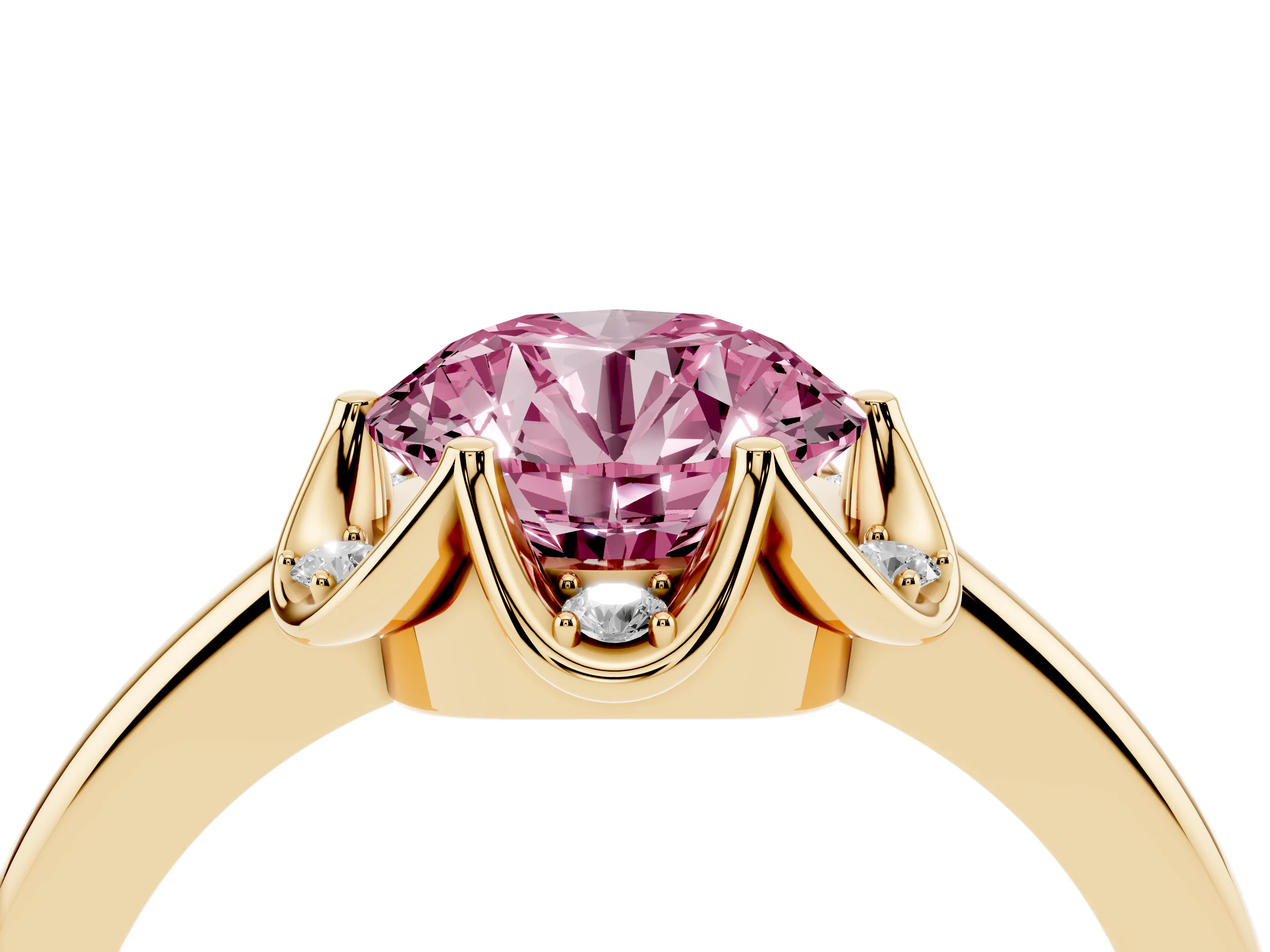 Fancy Pink Round Cut Diamond Round Cluster Halo Ring Set in Yellow gold with Solitaire Band and Prong Setting