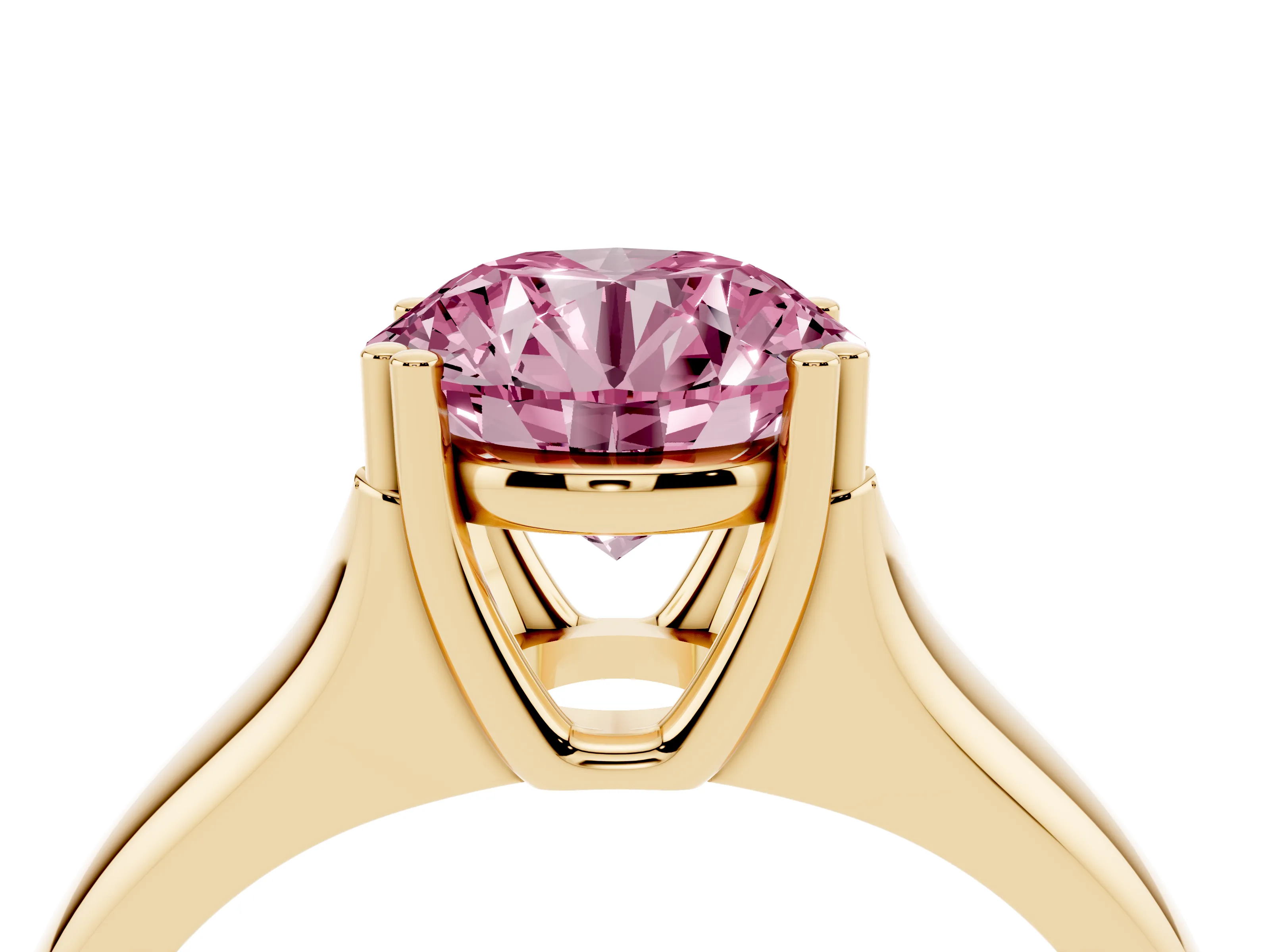 Fancy Pink Round Cut Diamond Solitaire Ring Set in Yellow gold with Wide Band and Prong Setting