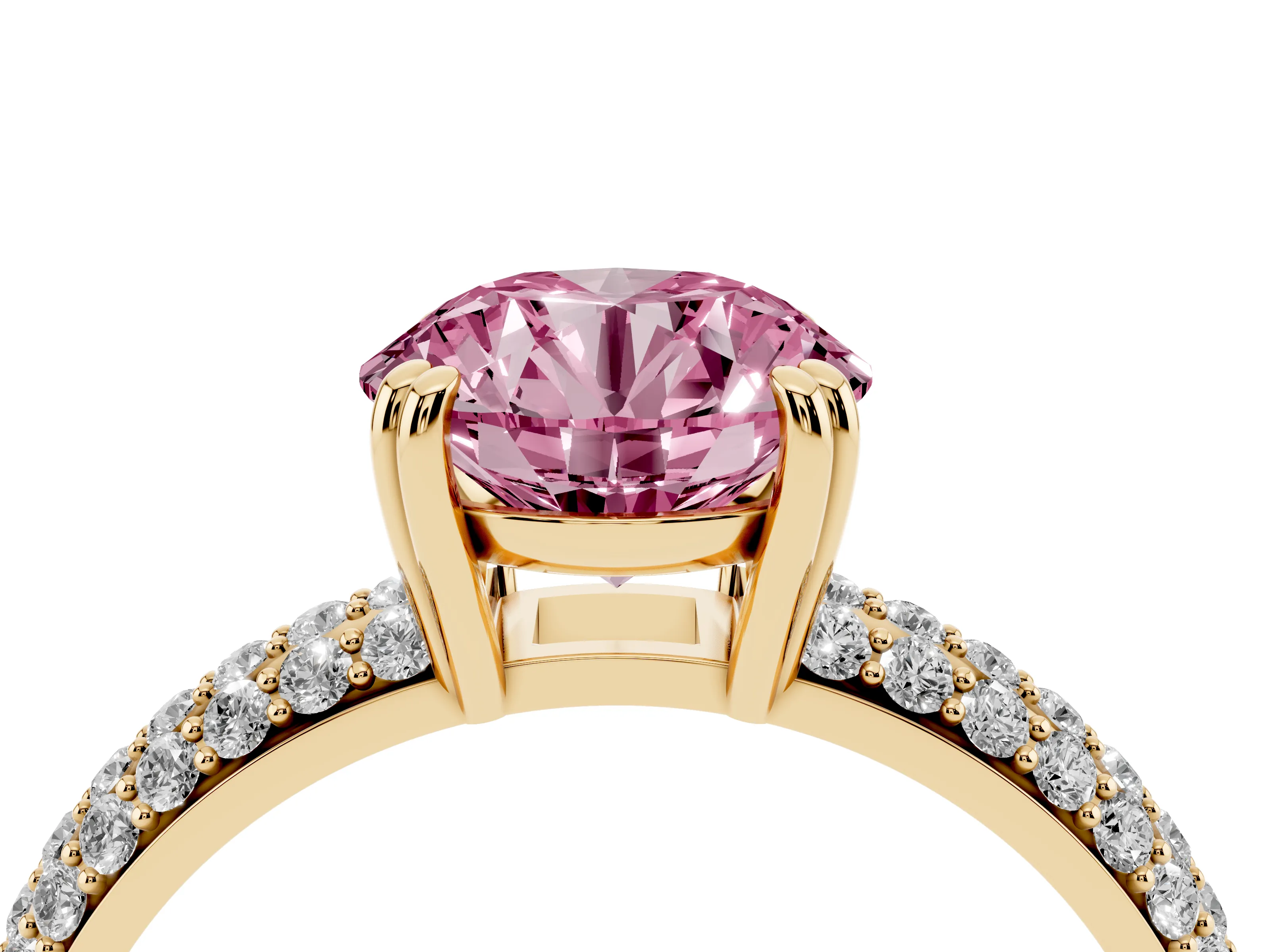Fancy Pink Round Cut Diamond Solitaire Ring Set in Yellow gold with Multi-Row Round Pavé Band and Prong Setting