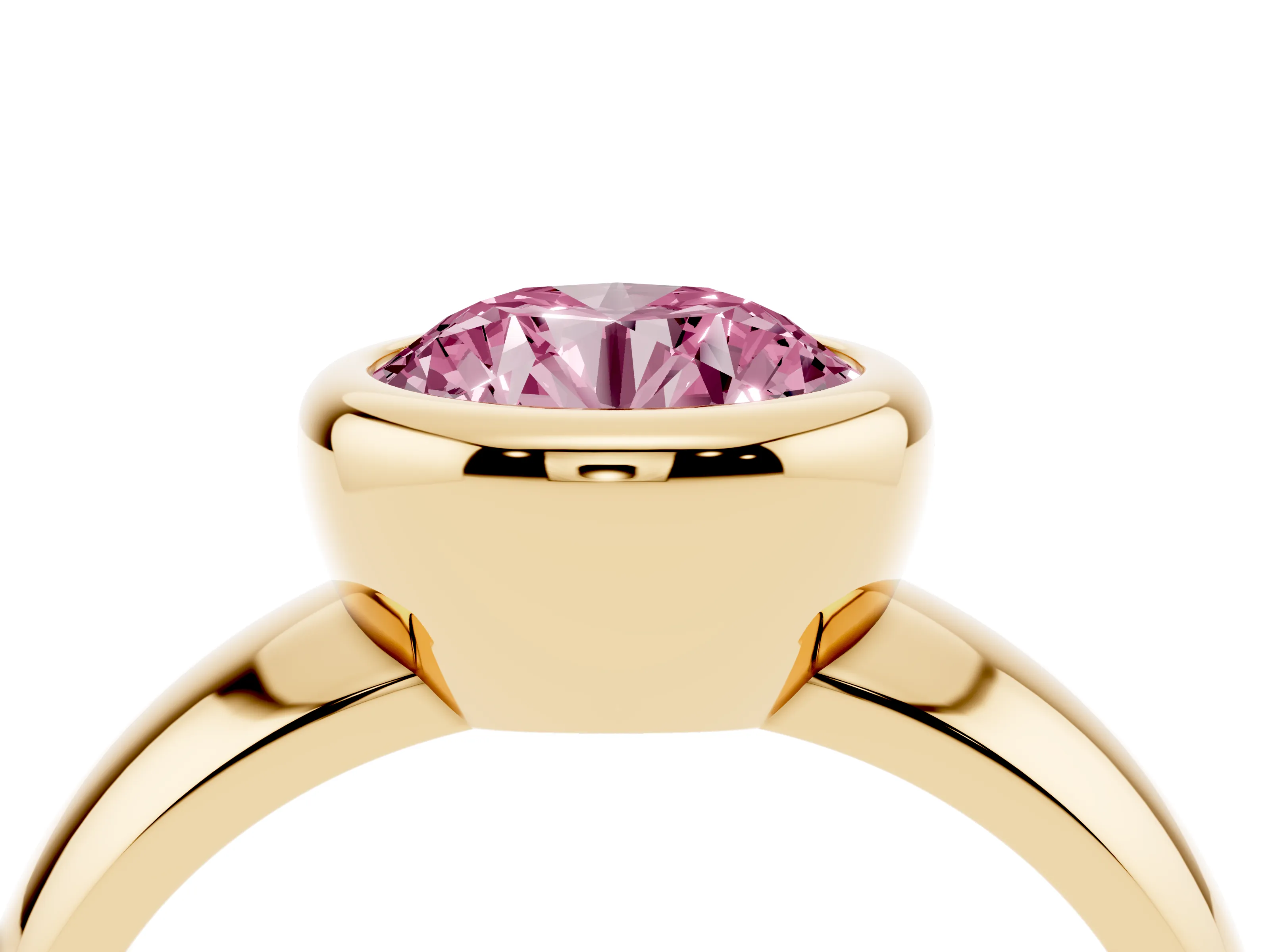 Fancy Pink Bezel Set Round Cut Diamond Solitaire Ring Set in Yellow gold with Wide Band