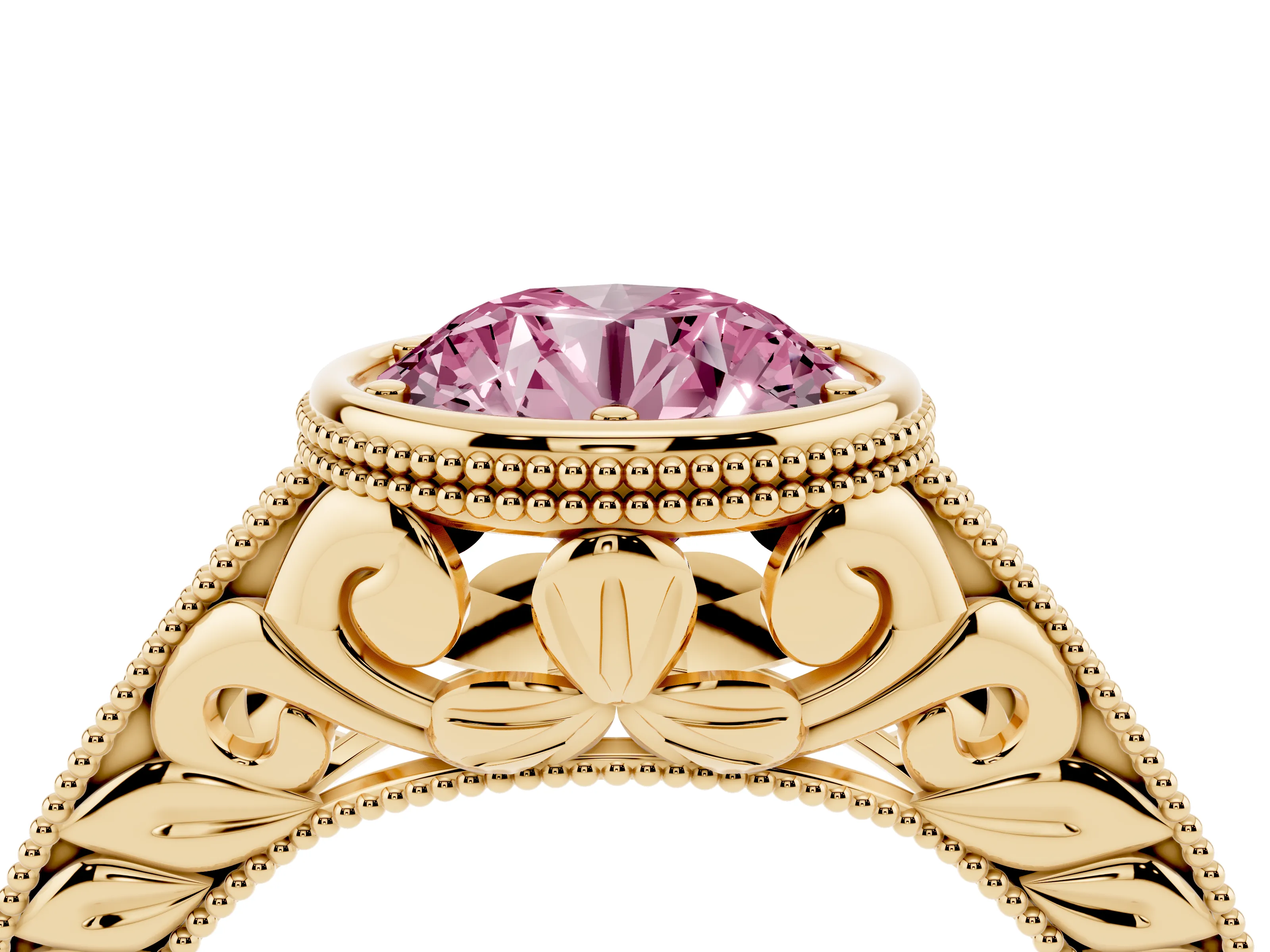 Fancy Pink Bezel Set Round Cut Diamond Milgrain Pavé Engagement Ring Set in Yellow gold