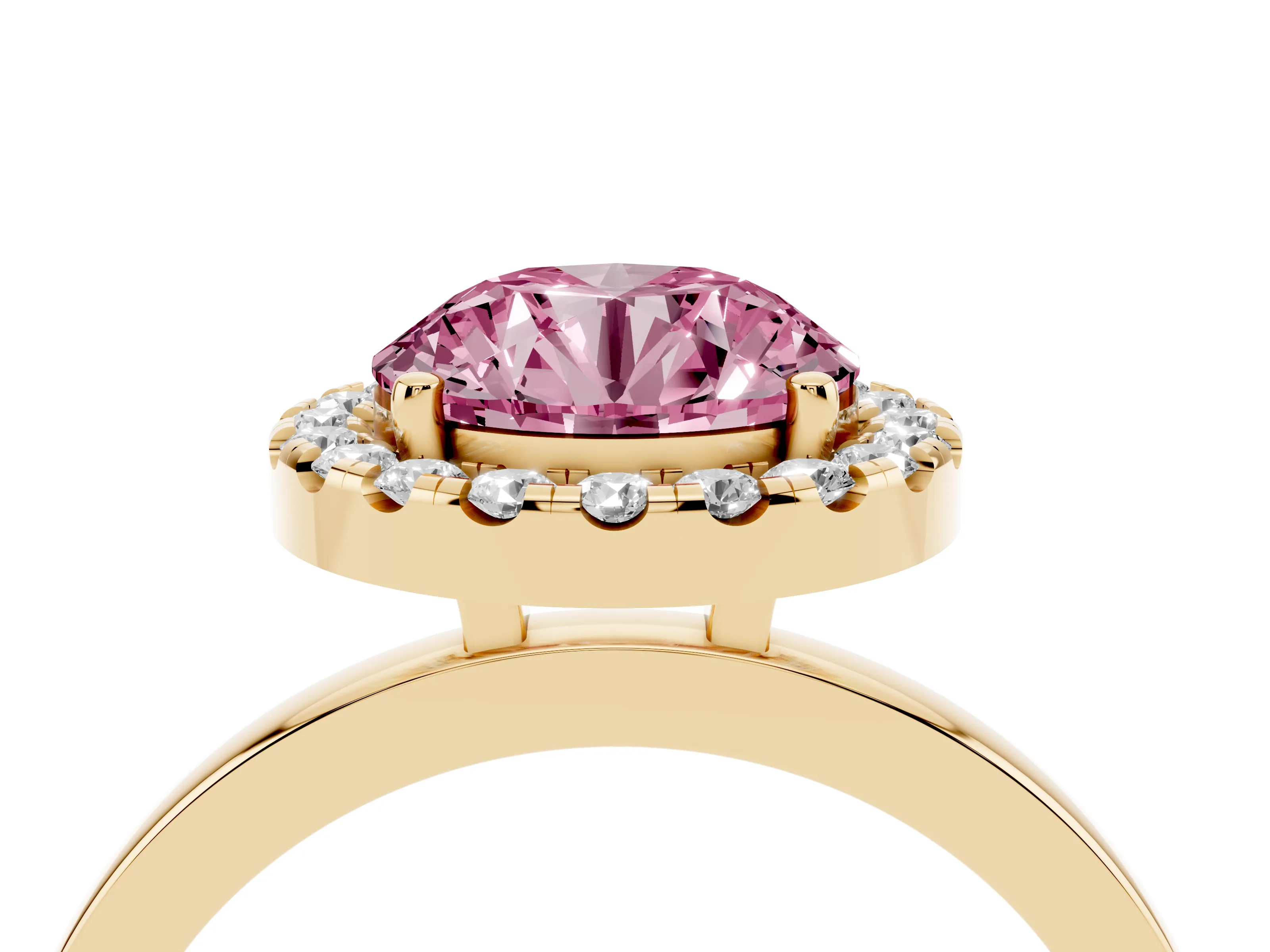 Fancy Pink Round Cut Diamond Halo Solitaire Ring Set in Yellow gold with Pavé Band and Prong Setting