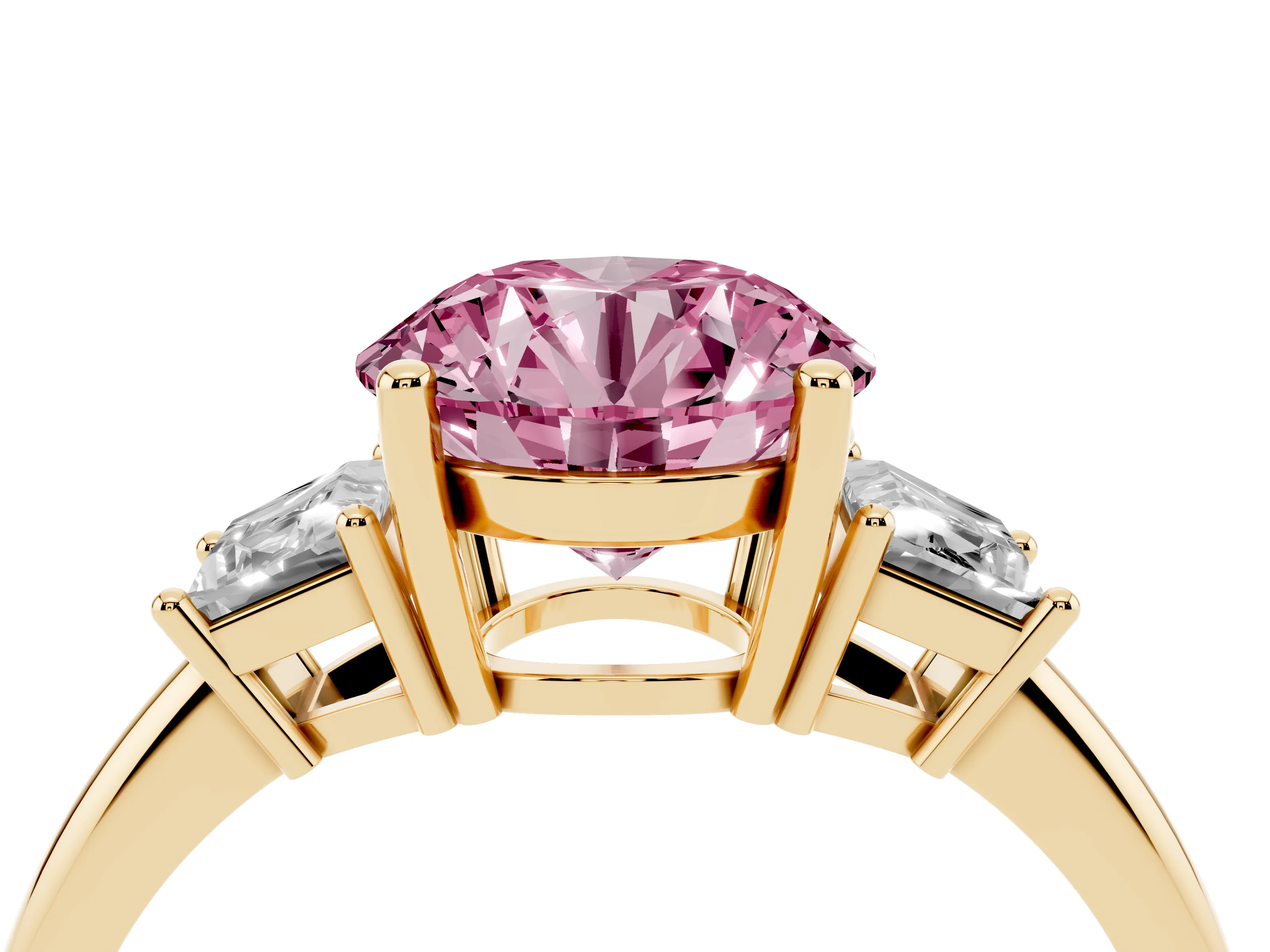 Fancy Pink Round Cut Diamond Three-Stone Ring Set in Yellow gold with Trapezoid Side Stones and Prong Setting