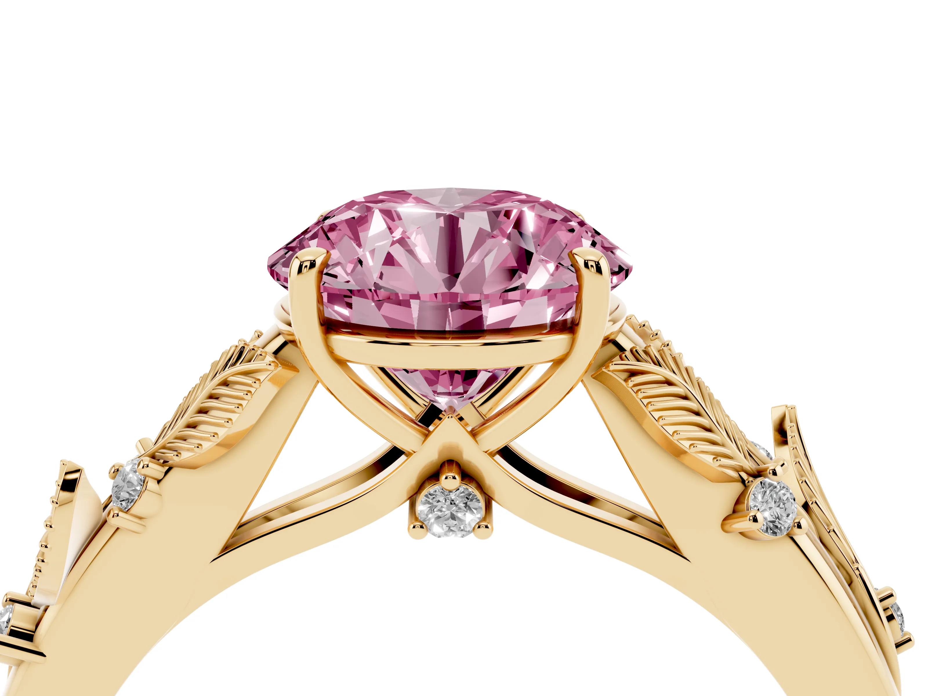 Fancy Pink Round Cut Diamond Solitaire Ring Set in Yellow gold with Leaf Motif Band