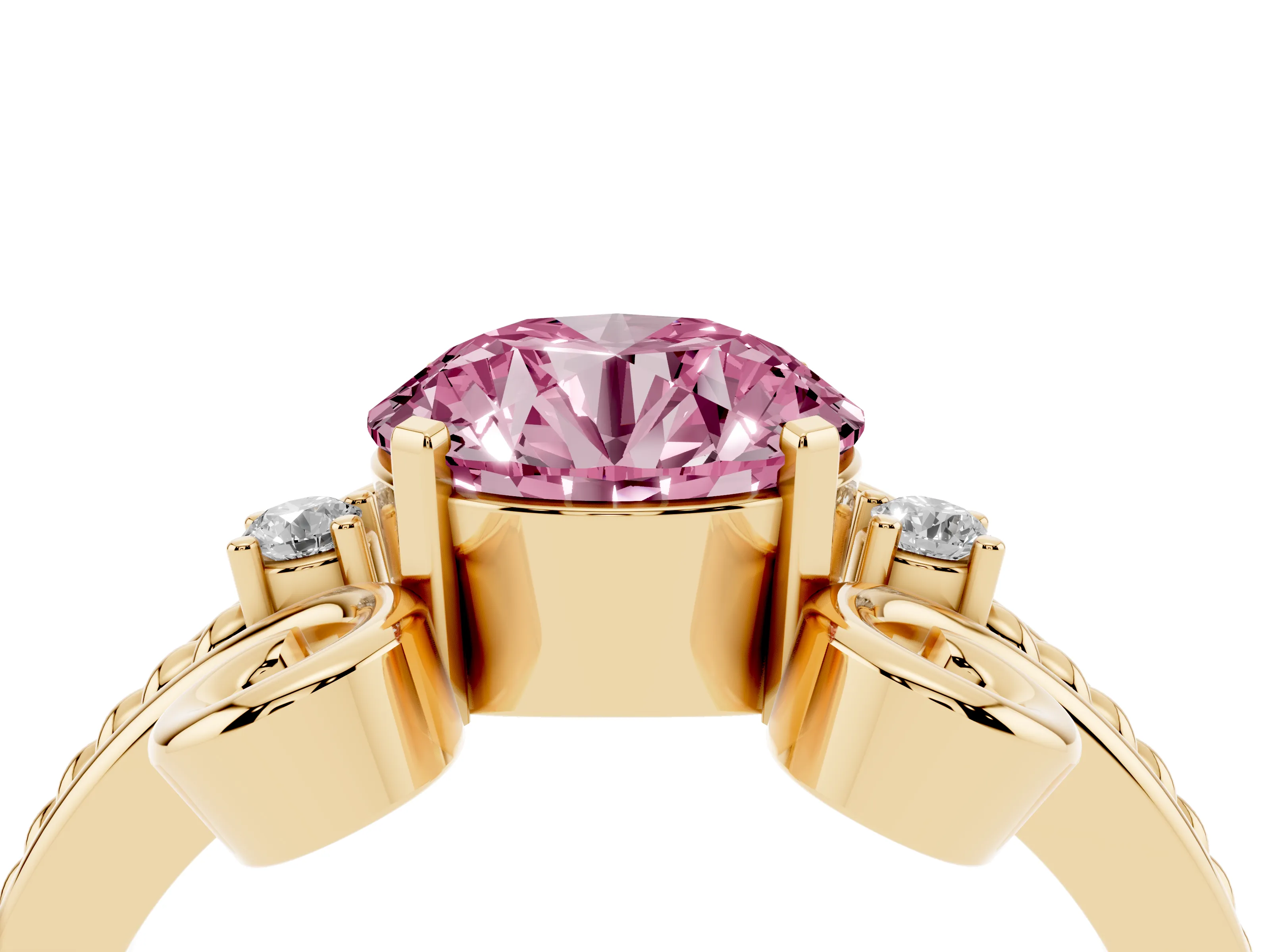 Fancy Pink Round Cut Diamond Twisted Band Solitaire Ring Set in Yellow gold with Scroll Prongs