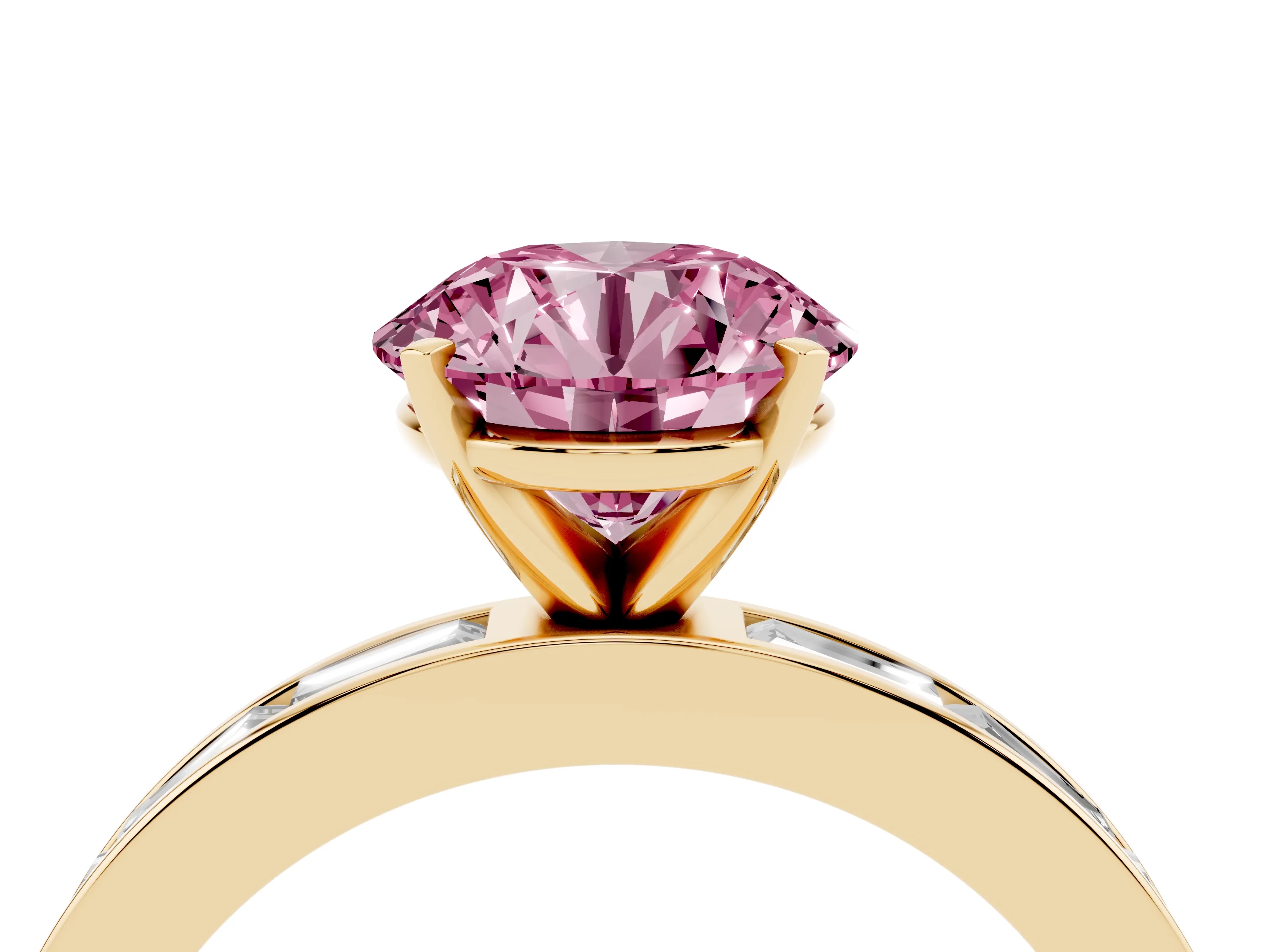 Fancy Pink Round Cut Diamond Solitaire Ring Set in Yellow gold with Channel-Set Baguette Band and Prong Setting