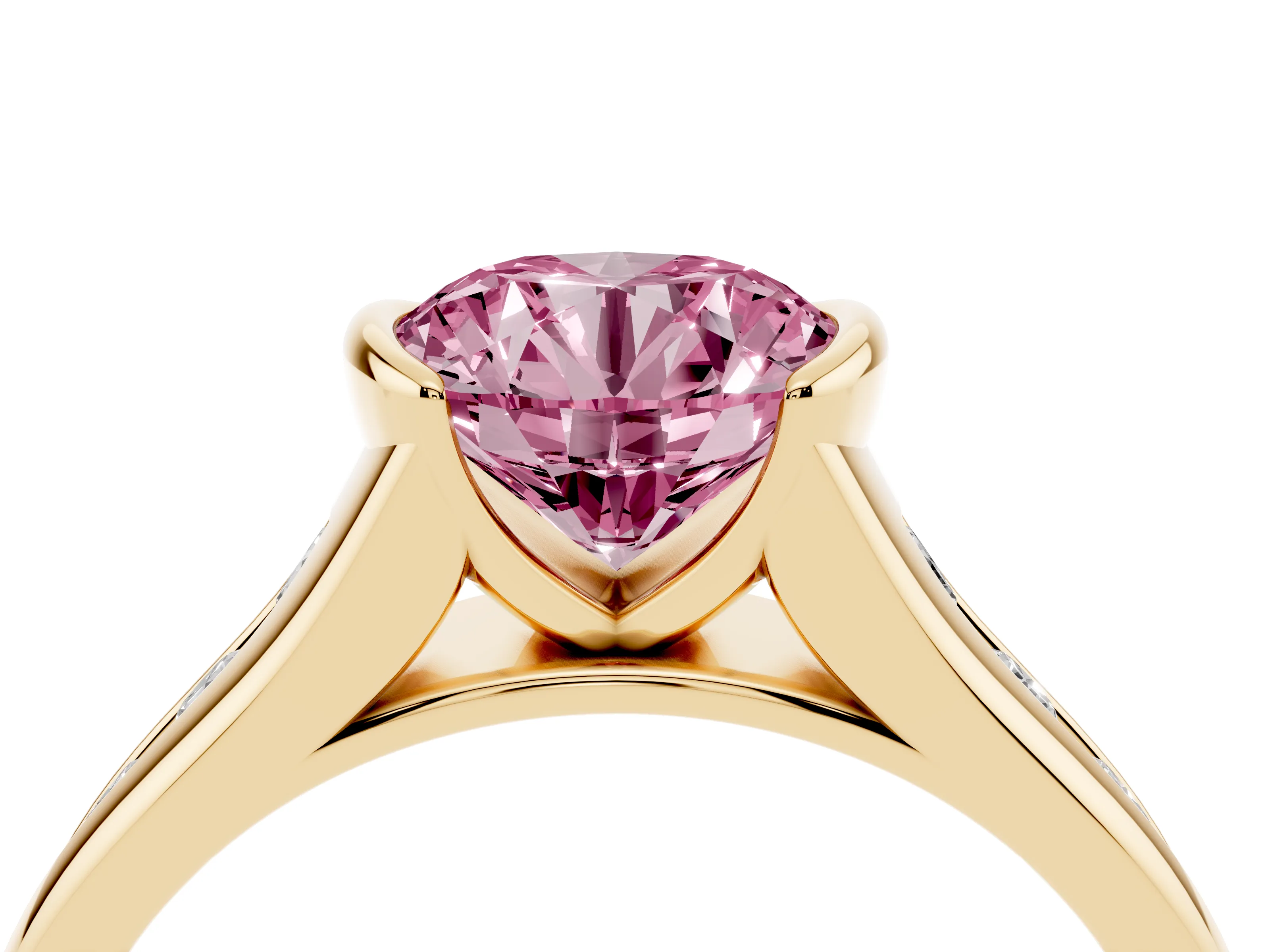 Fancy Pink Round Cut Diamond Bezel-Set Solitaire Ring Set in Yellow gold with Channel-Set Band