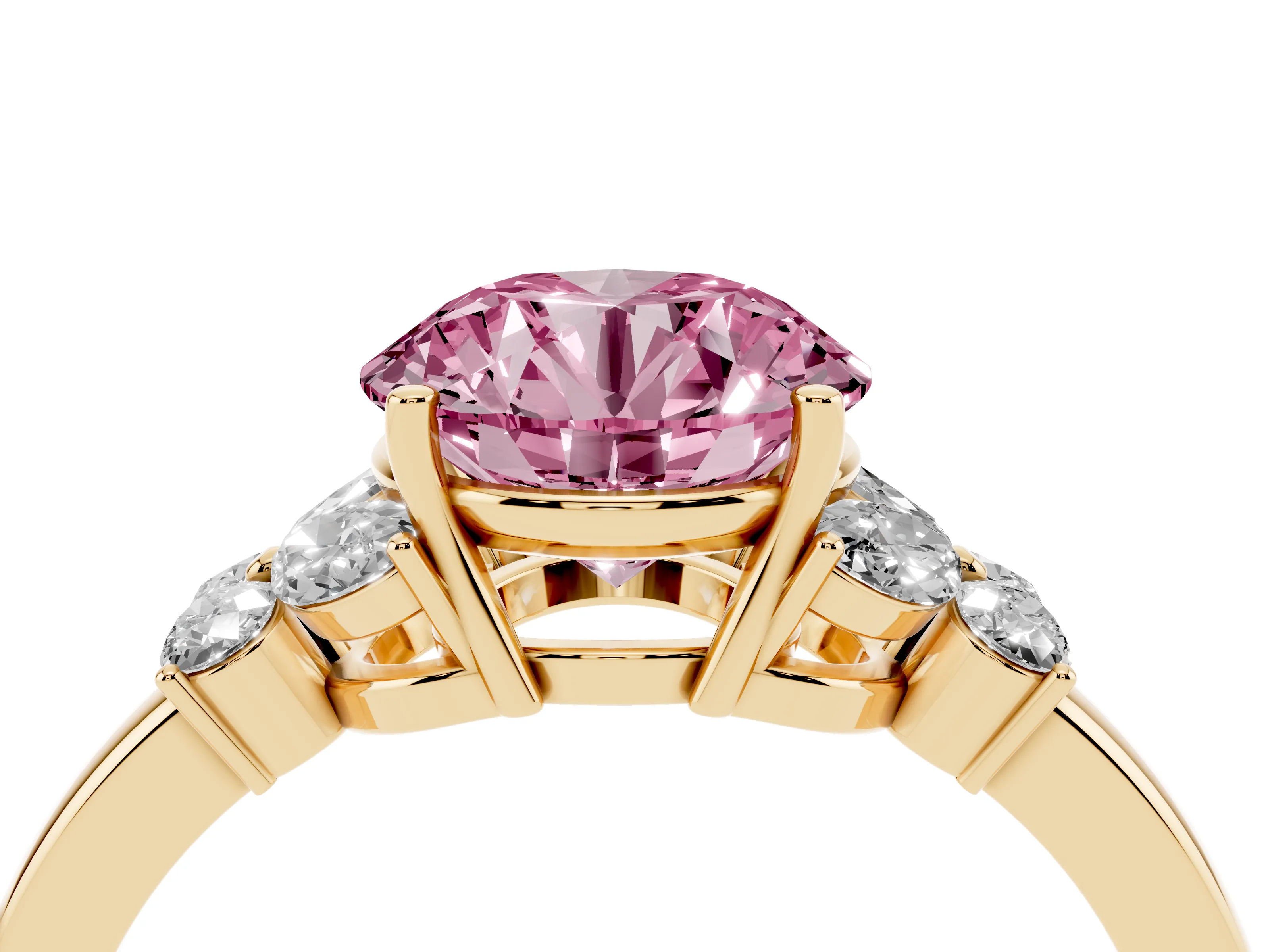 Fancy Pink Round Cut Diamond Solitaire Floral Ring Set in Yellow gold with Marquise Petals and Prong Setting