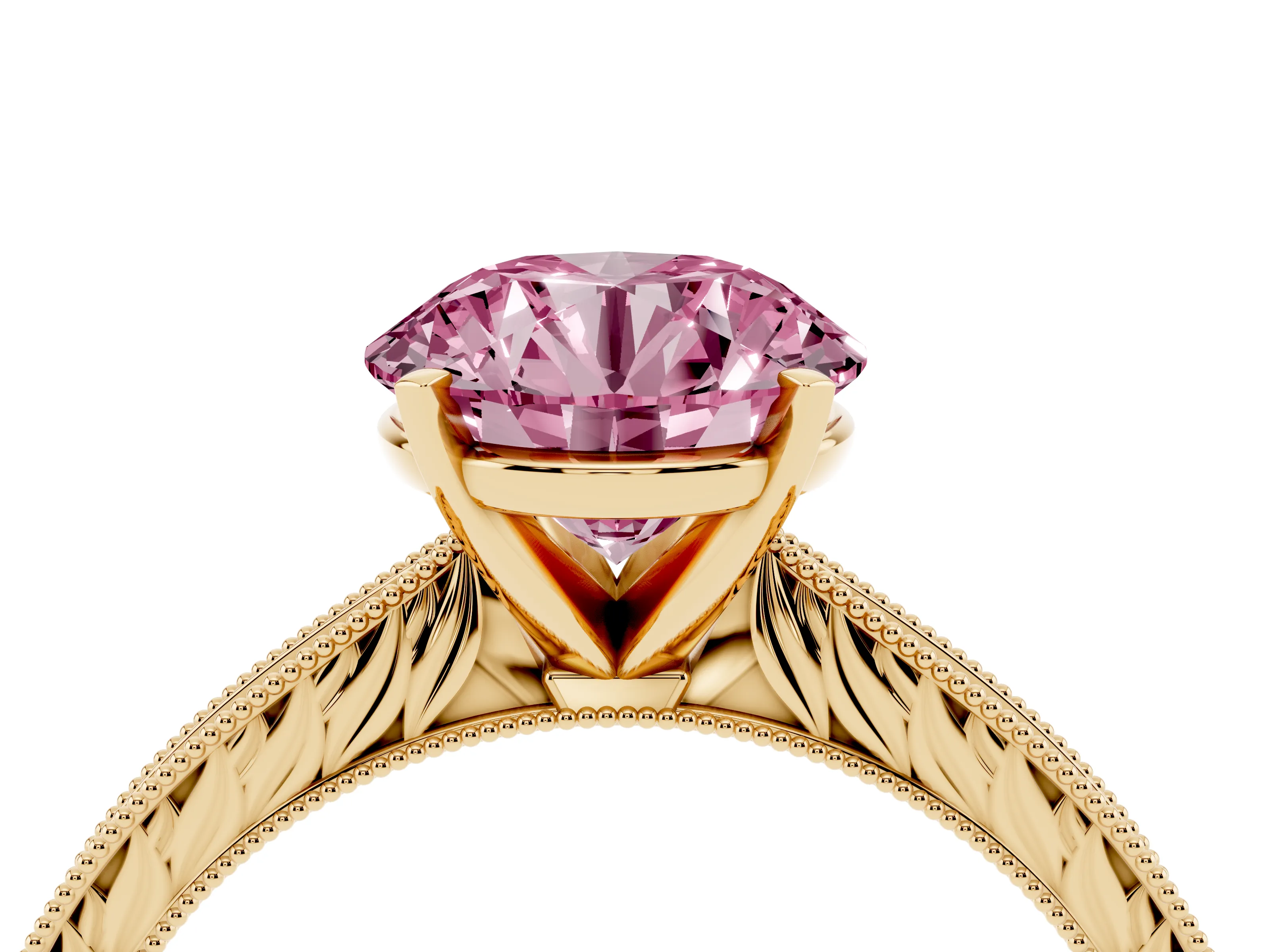 Fancy Pink Round Cut Diamond Solitaire Milgrain Engraved Band Set in Yellow gold with Prong Setting