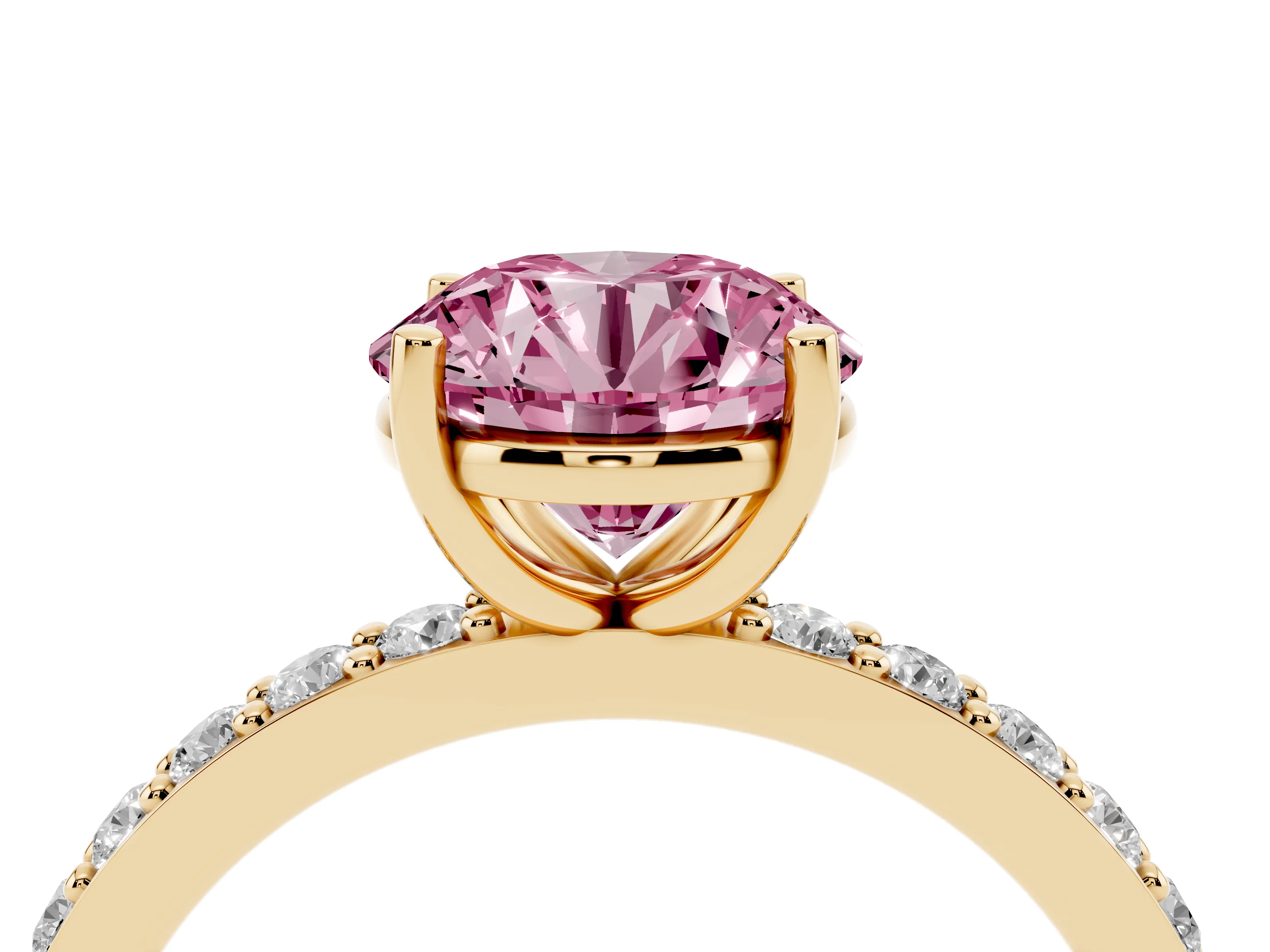 Fancy Pink Round Cut Diamond Solitaire Set in Yellow gold with Round Pavé Band and Prong Setting