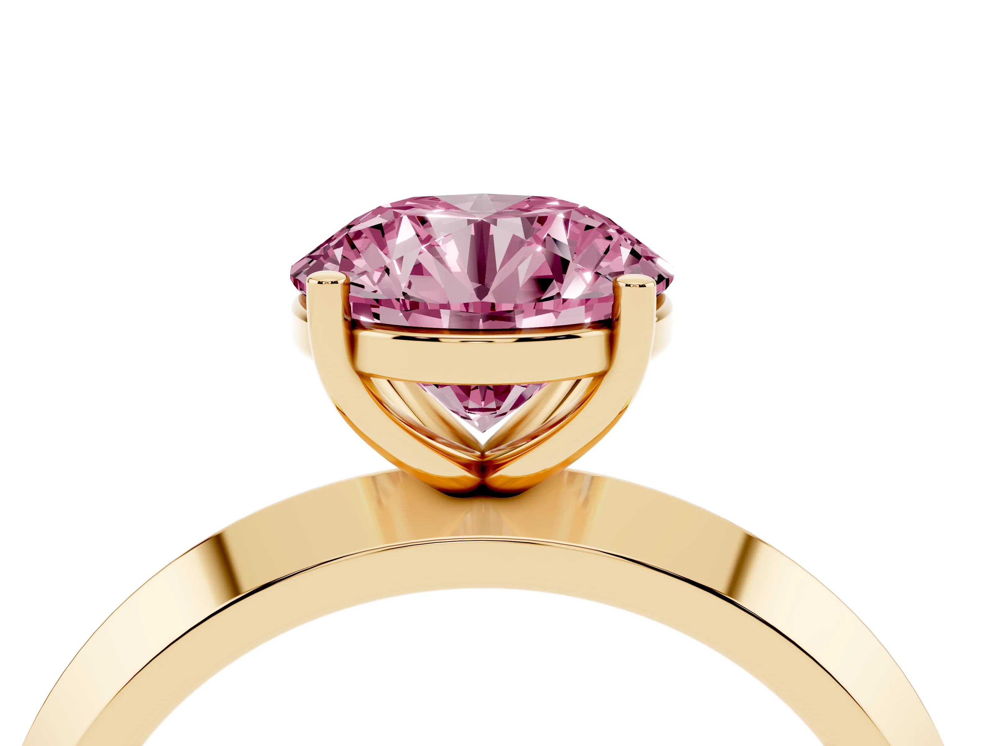 Fancy Pink Round Cut Diamond Solitaire Engagement Ring Set in Yellow gold with Flat Band and Prong Setting