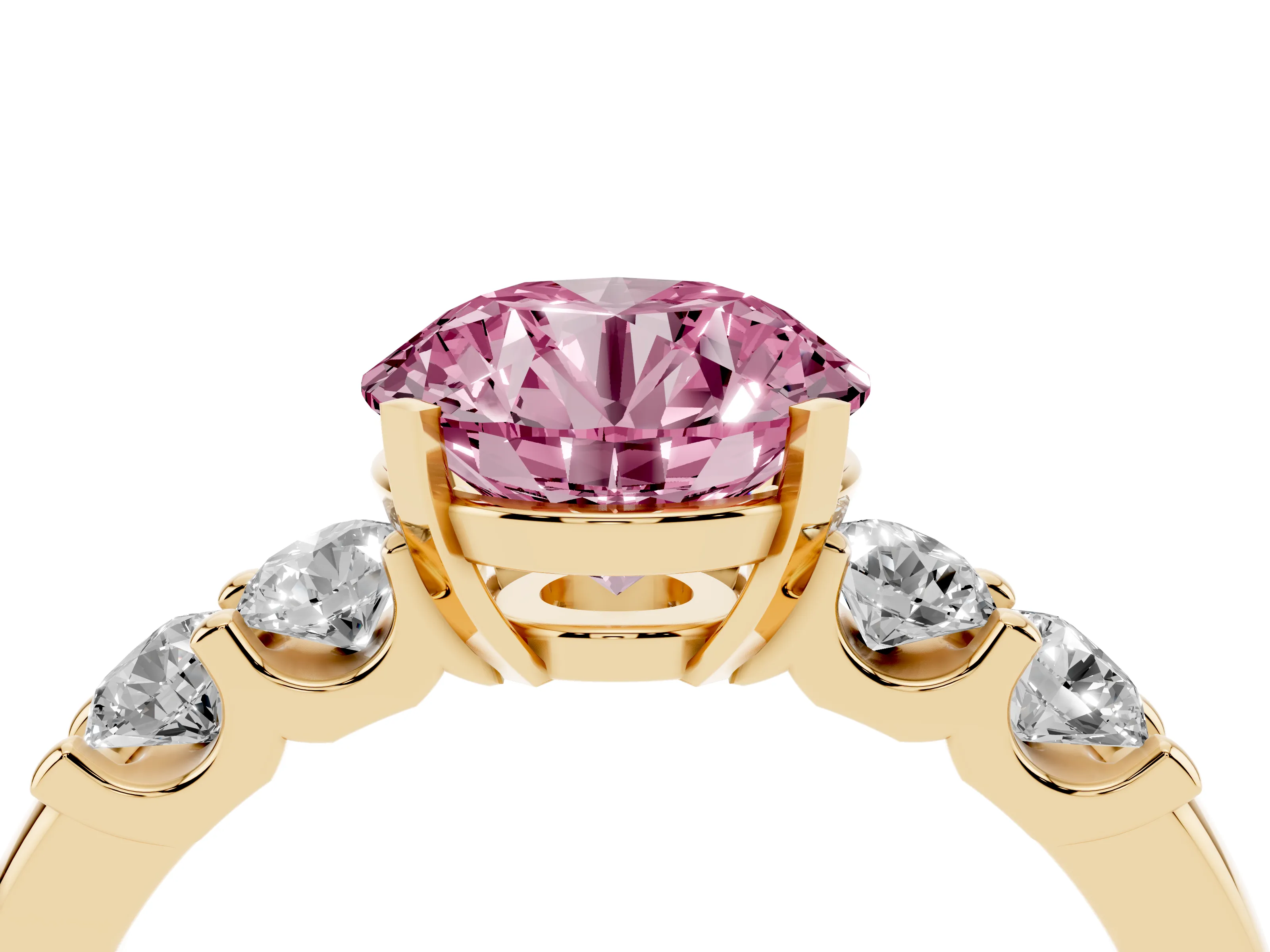 Fancy Pink Round Cut Diamond Five-Stone Prong Set Engagement Ring Set in Yellow gold with Channel Band