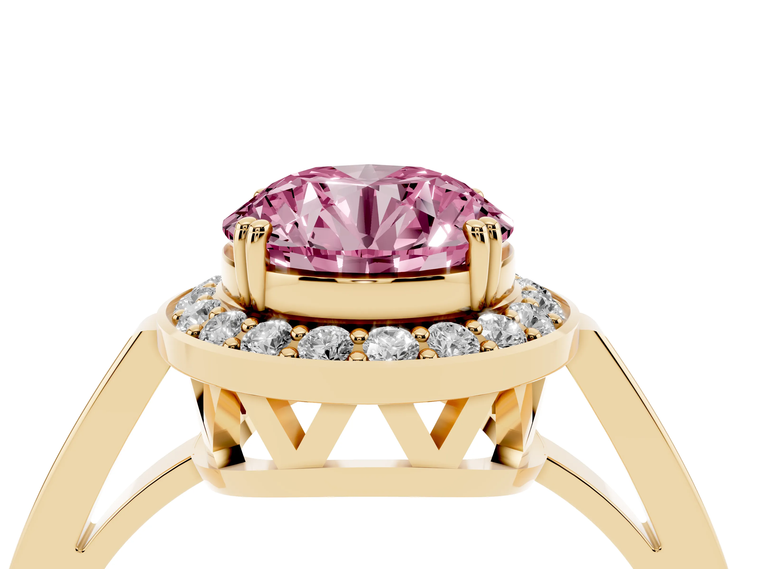 Fancy Pink Round Cut Diamond Halo Ring Set in Yellow gold with Accent-Lined Split Shank and Prong Setting