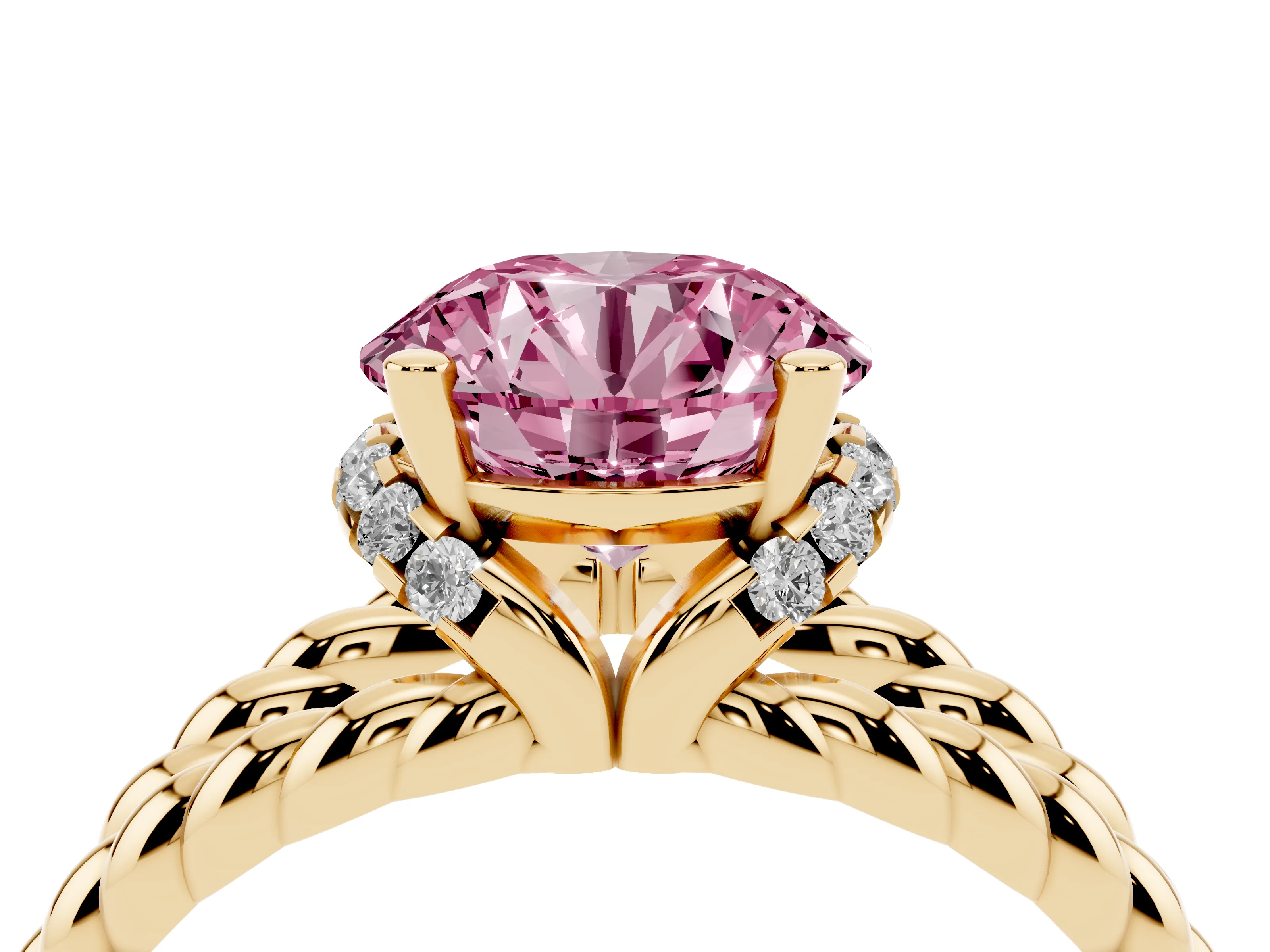 Fancy Pink Round Cut Diamond Halo Ring Set in Yellow gold with Twisted Band and Prong Setting