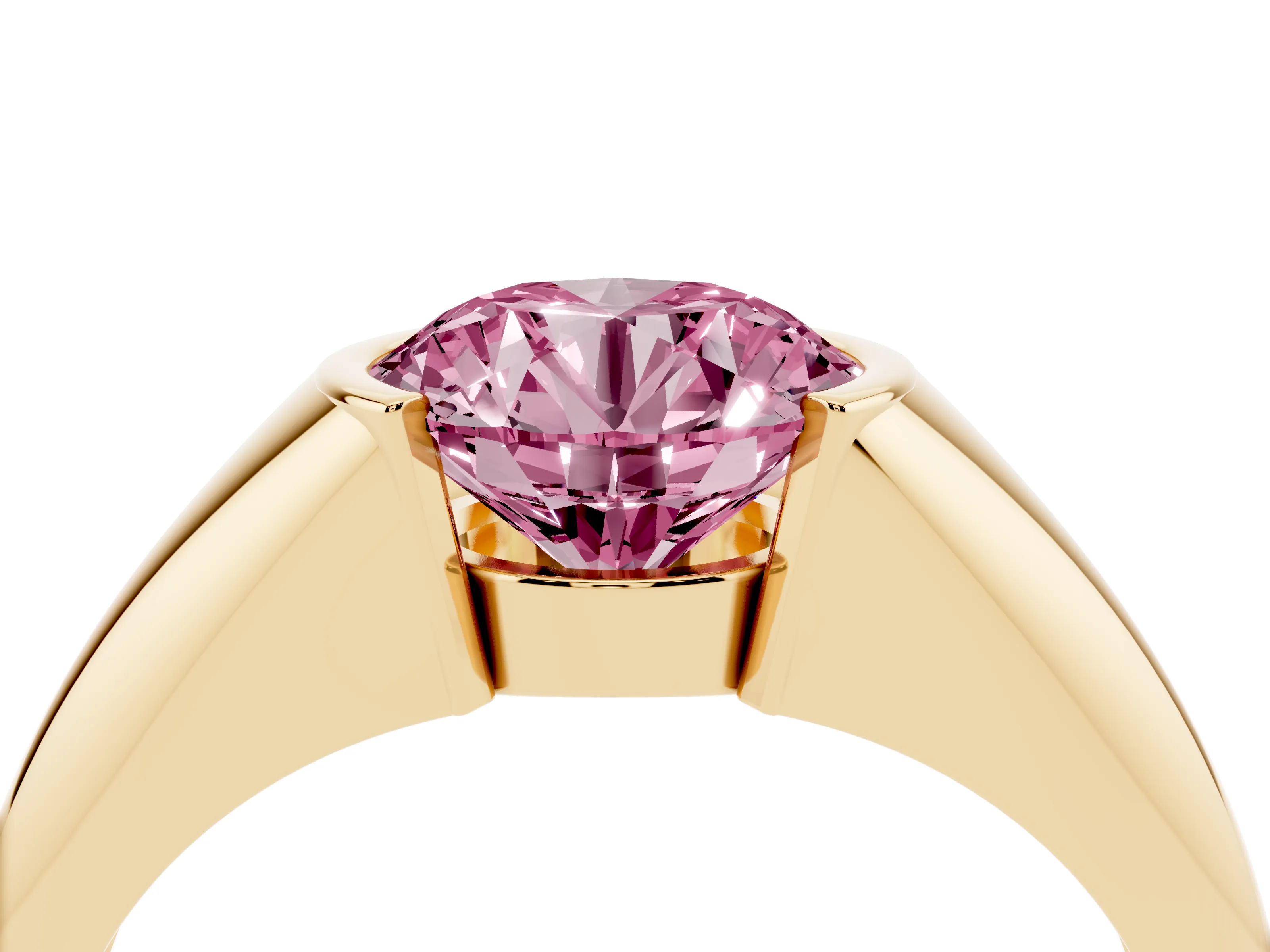 Fancy Pink Round Cut Diamond Solitaire Tension Set Ring Set in Yellow gold