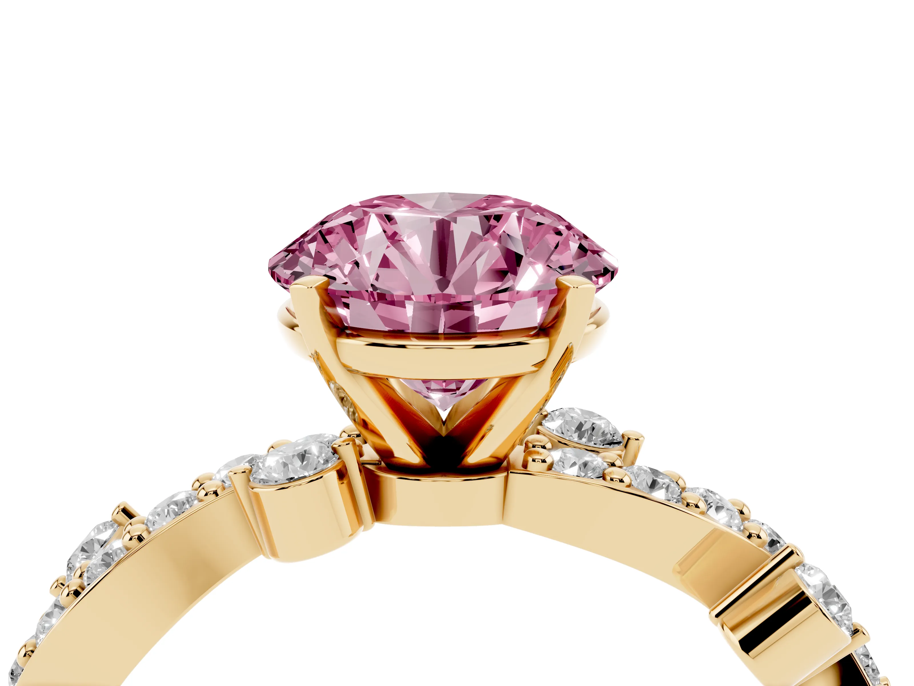 Fancy Pink Round Cut Diamond Solitaire Twisted Band Set in Yellow gold with Pavé Setting