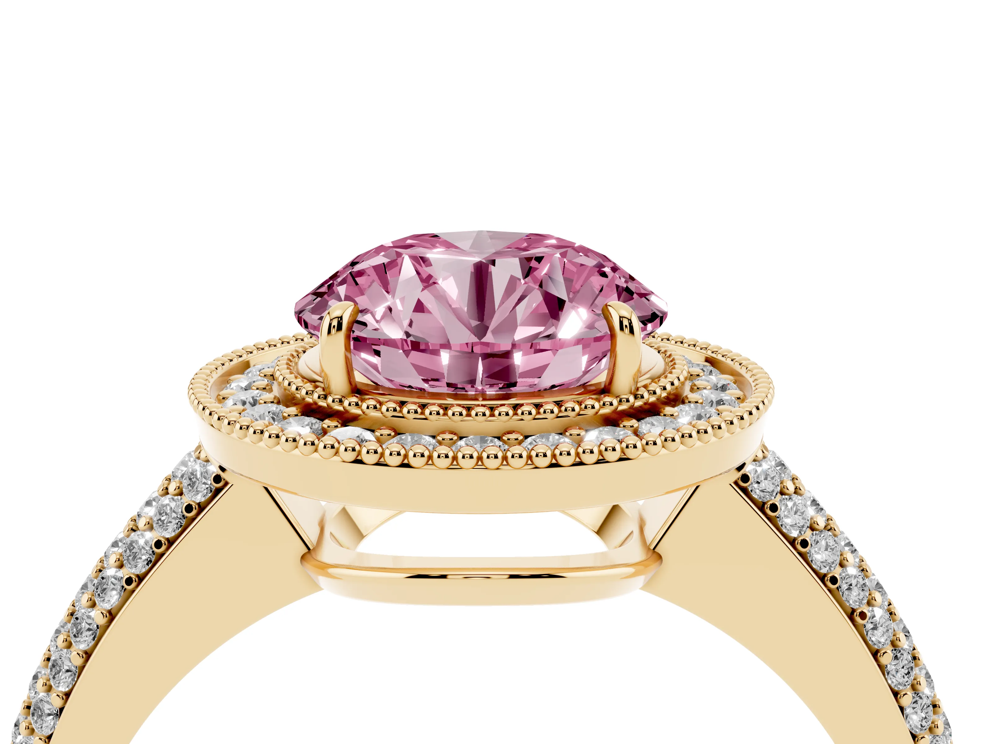 Fancy Pink Round Cut Diamond Halo Pavé Band Set in Yellow gold with Prong Setting