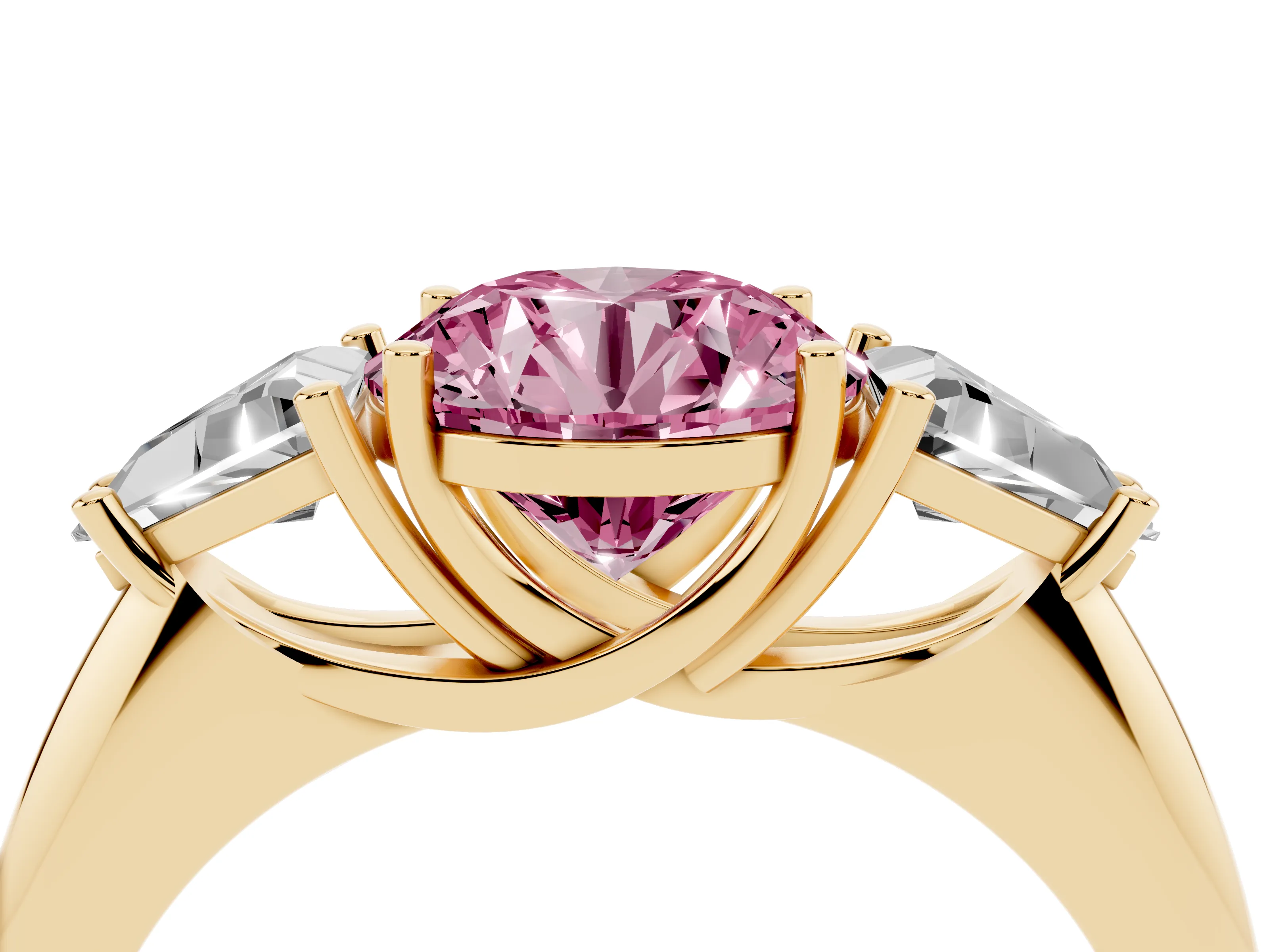 Fancy Pink Round Cut Diamond Three-Stone Engagement Ring Set in Yellow gold with Trillion Side Stones