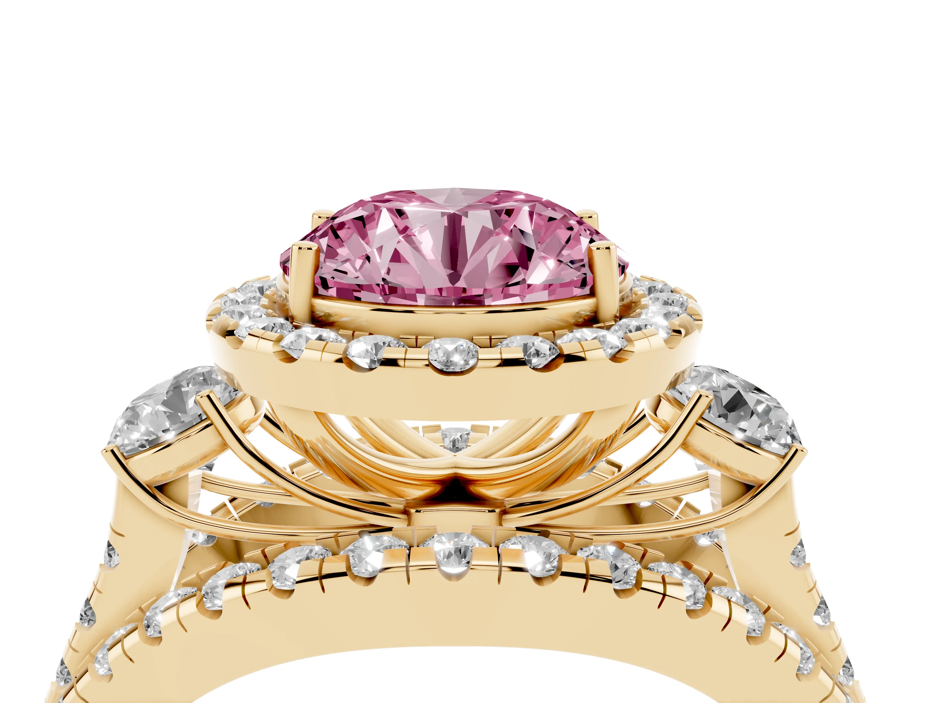 Fancy Pink Round Cut Diamond Halo Split Shank Ring Set in Yellow gold with Round Accent Stones and Prong Setting