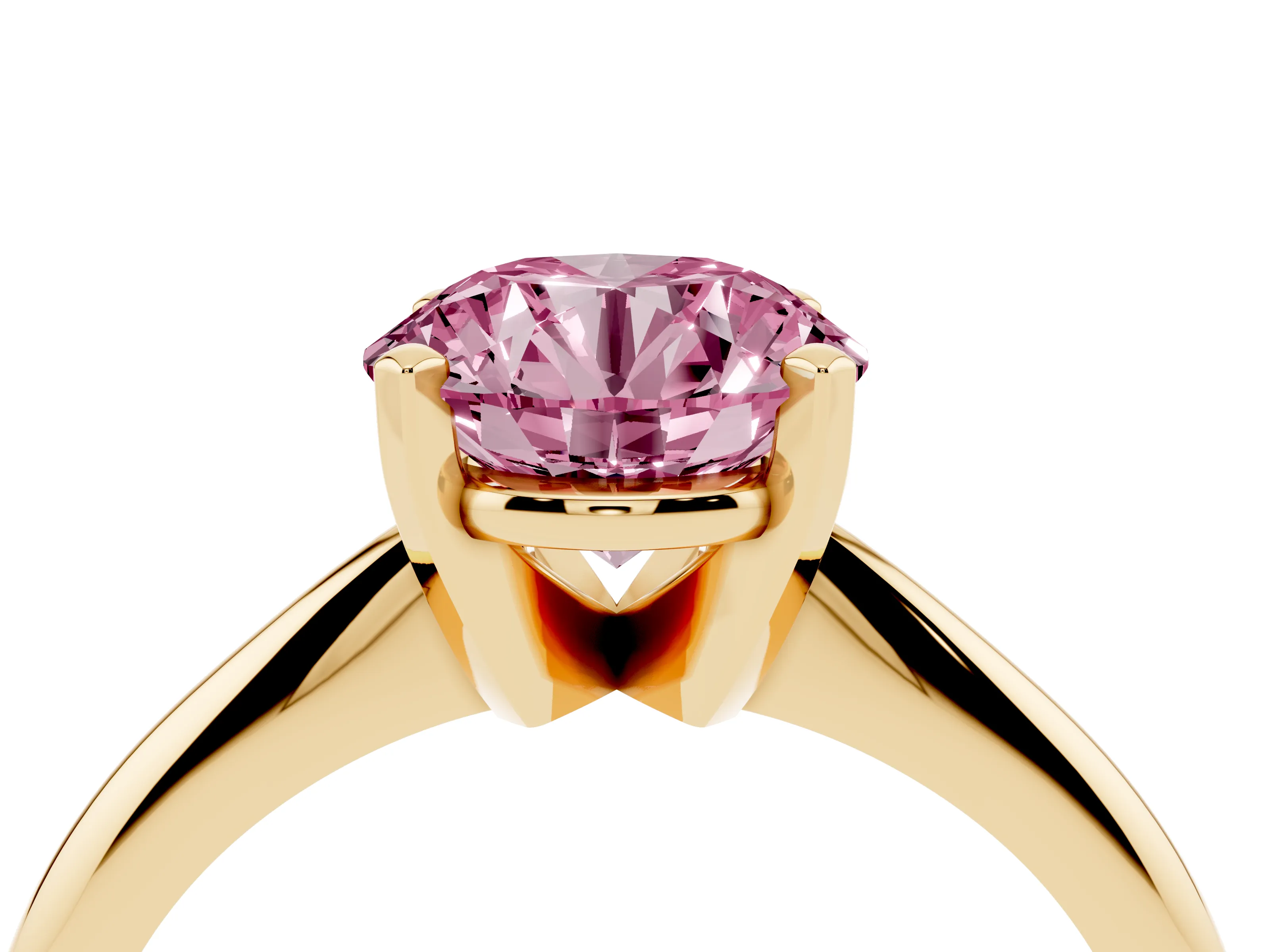 Fancy Pink Round Cut Diamond Solitaire Ring Set in Yellow gold with Prong Setting on a Plain Round Band