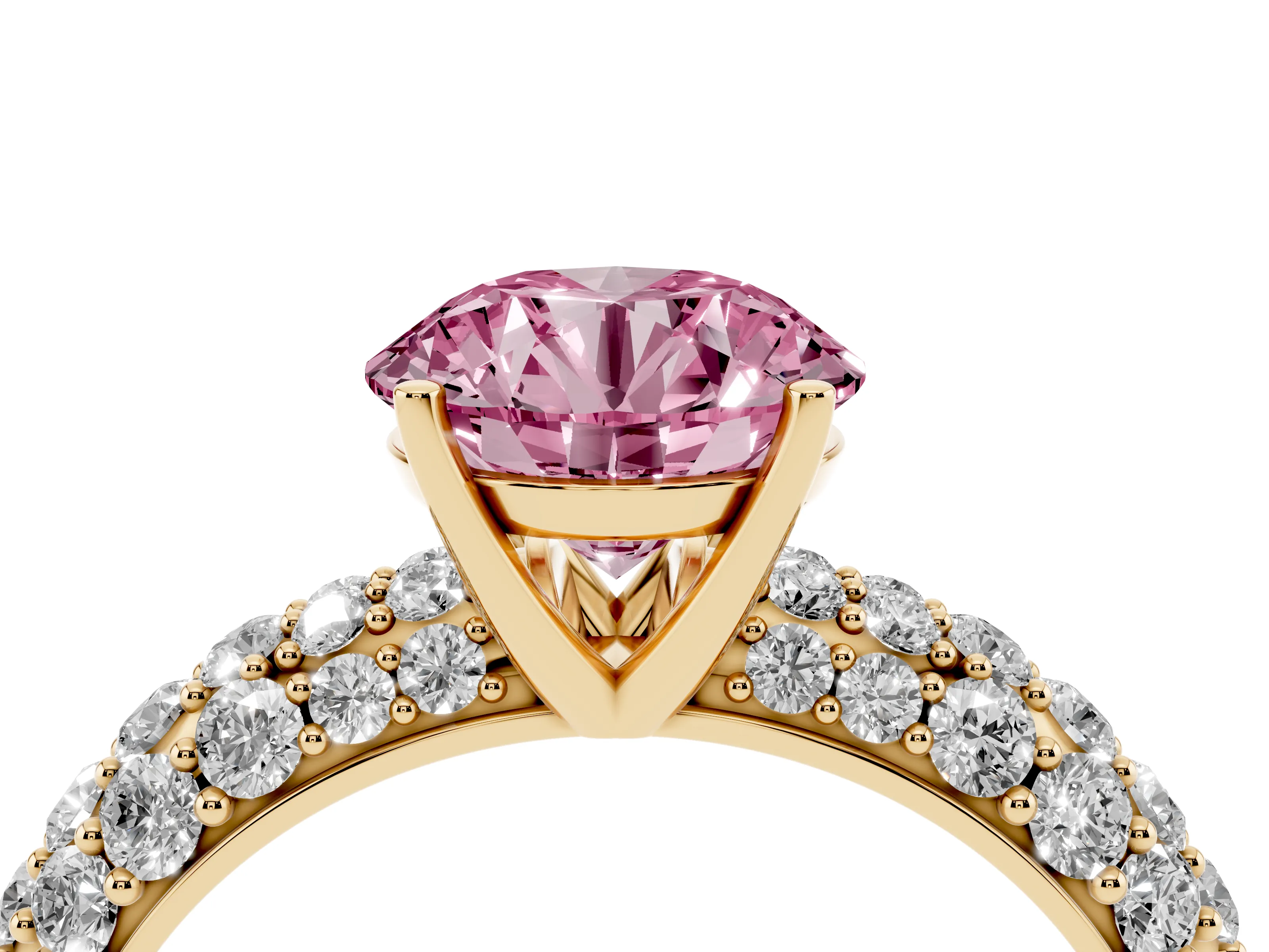 Fancy Pink Round Cut Diamond Pavé Band Solitaire Ring Set in Yellow gold with Close-Set Accent Stones and Prong Setting