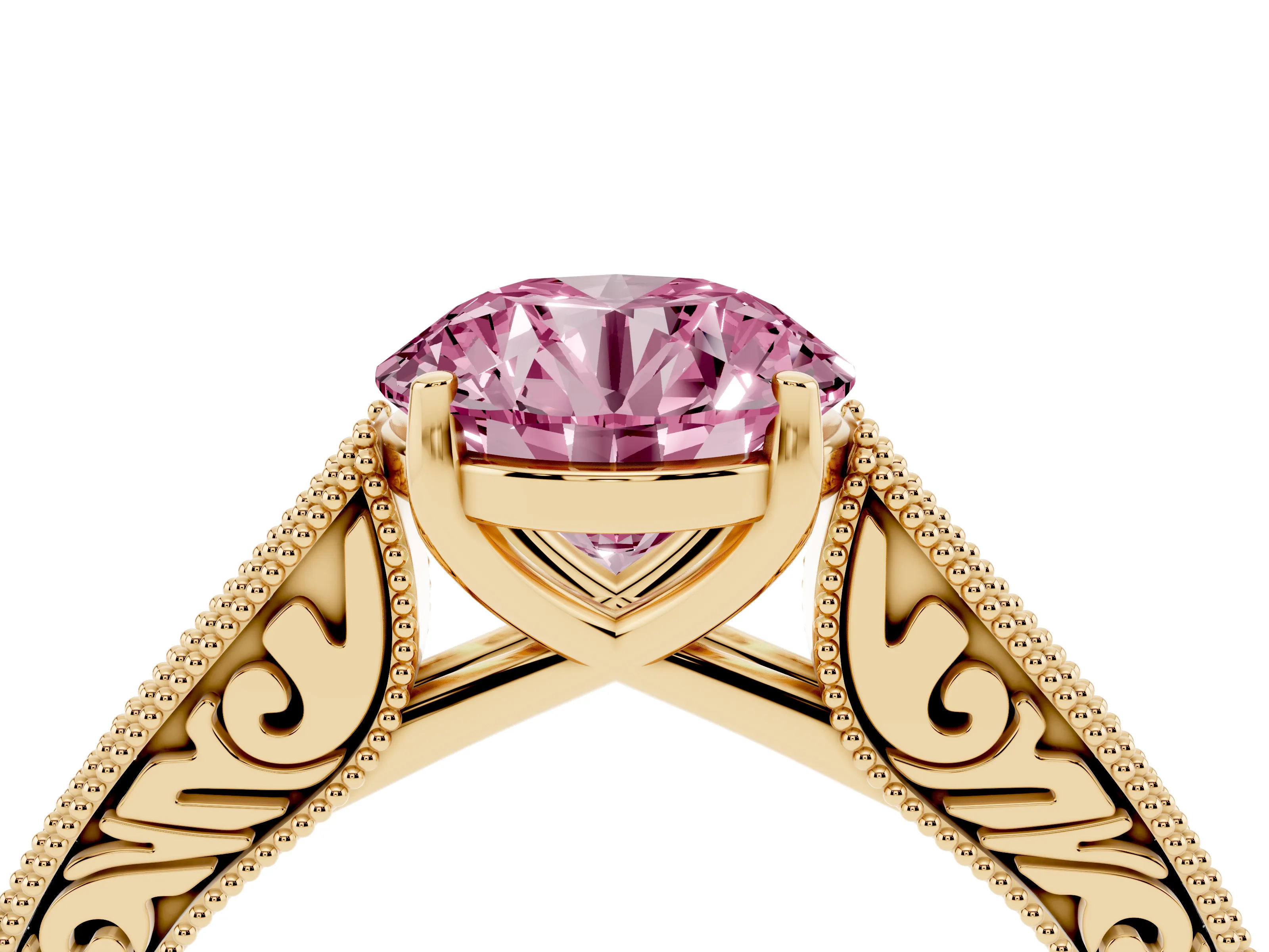 Fancy Pink Round Cut Diamond Milgrain Pavé Band Solitaire Ring Set in Yellow gold with Prong Setting