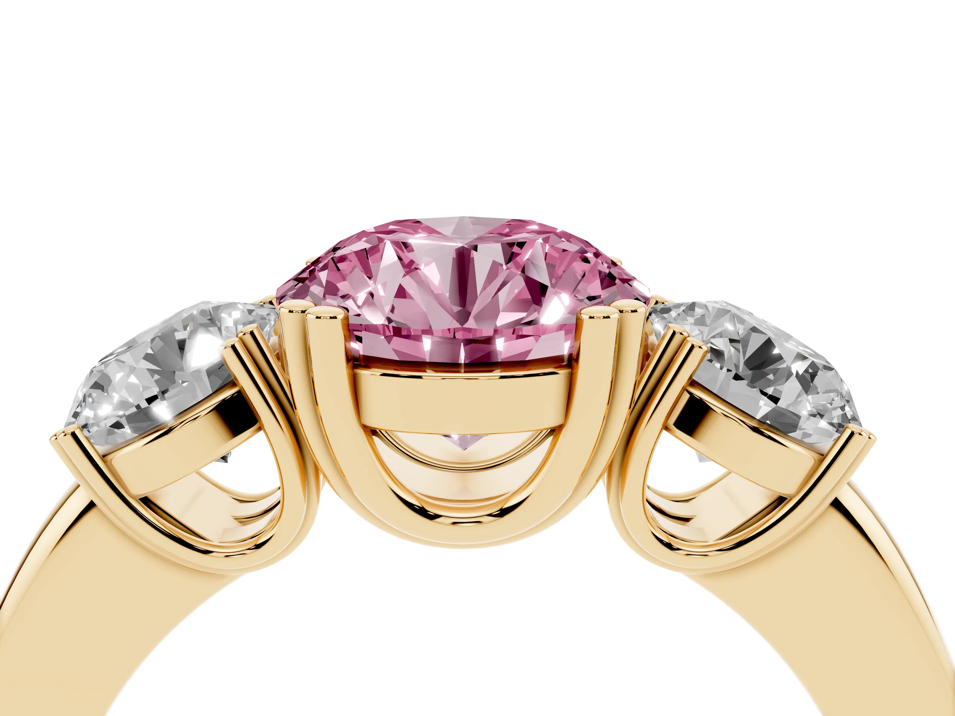 Fancy Pink Round Cut Diamond Three-Stone Ring Set in Yellow gold with Polished Channel-Set Band