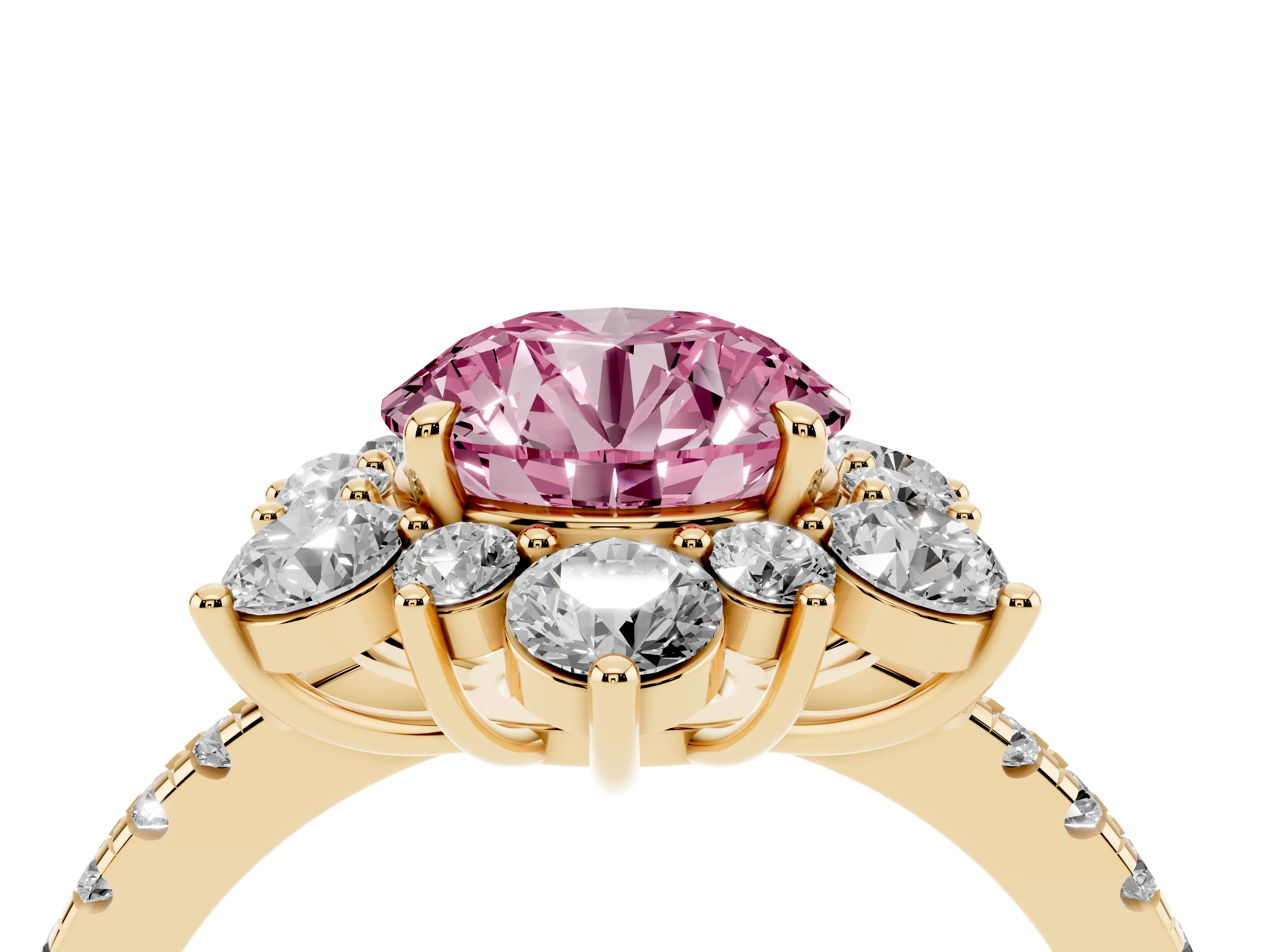 Fancy Pink Round Cut Diamond Floral Halo Ring Set in Yellow gold with Round Pavé Band and Prong Setting
