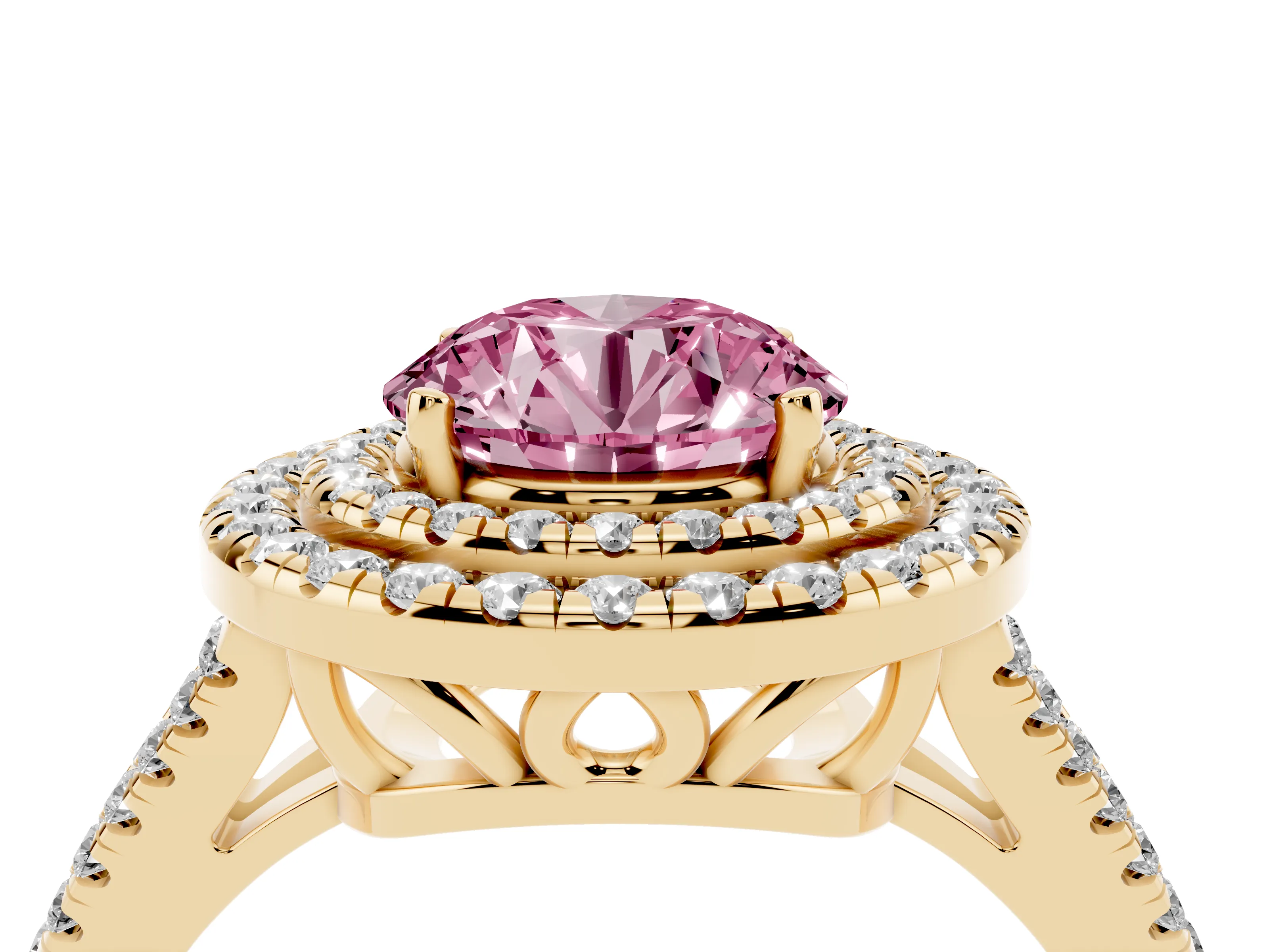 Fancy Pink Round Cut Diamond Double Halo Ring Set in Yellow gold with Pavé Band
