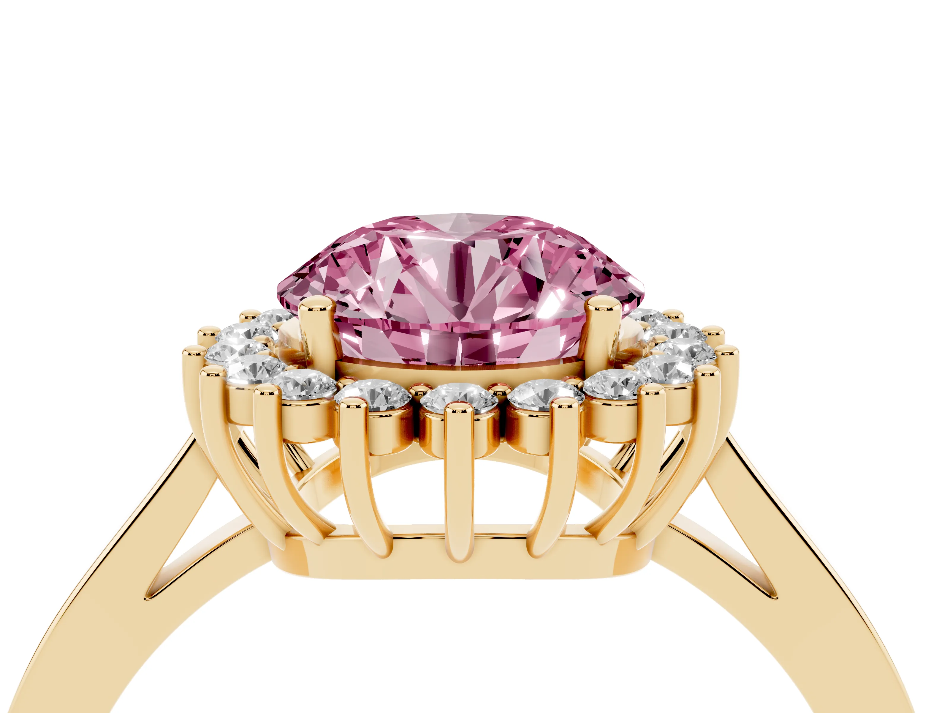 Fancy Pink Round Cut Diamond Halo Ring Set in Yellow gold with Round Halo and Smooth Solitaire Band