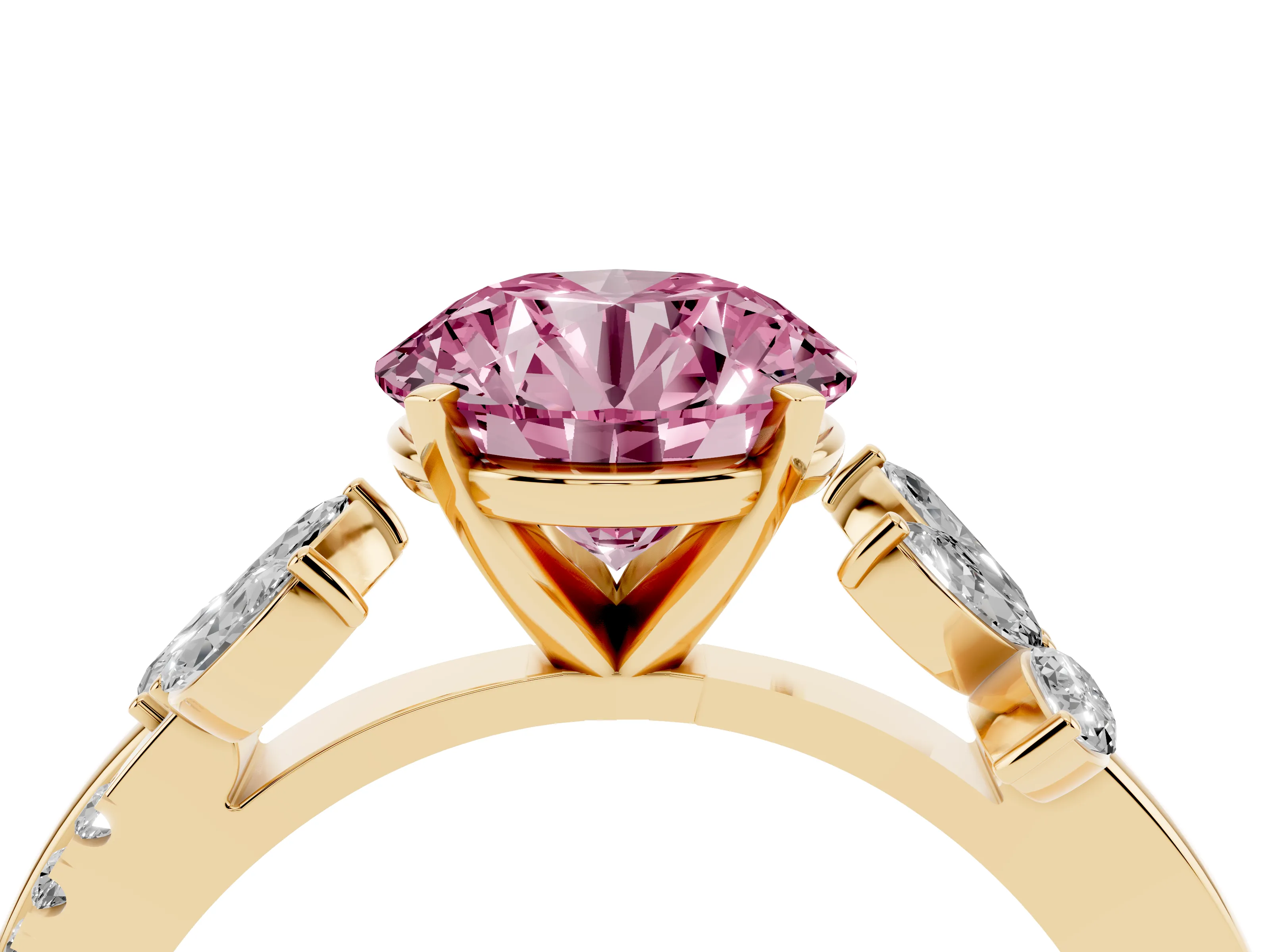 Fancy Pink Round Cut Diamond Floral Vine Solitaire Engagement Ring Set in Yellow gold with Marquise Leaves