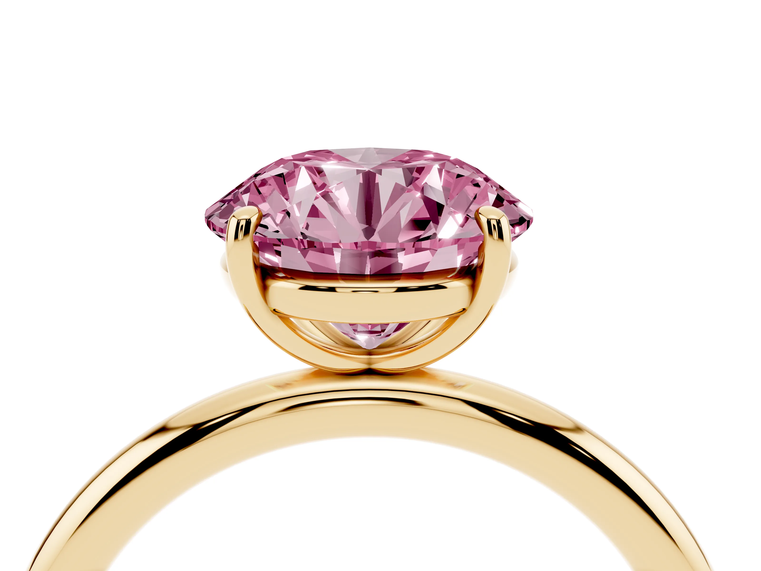 Fancy Pink Round Cut Diamond Solitaire Ring Set in Yellow gold with Prong Setting on a Polished Plain Band