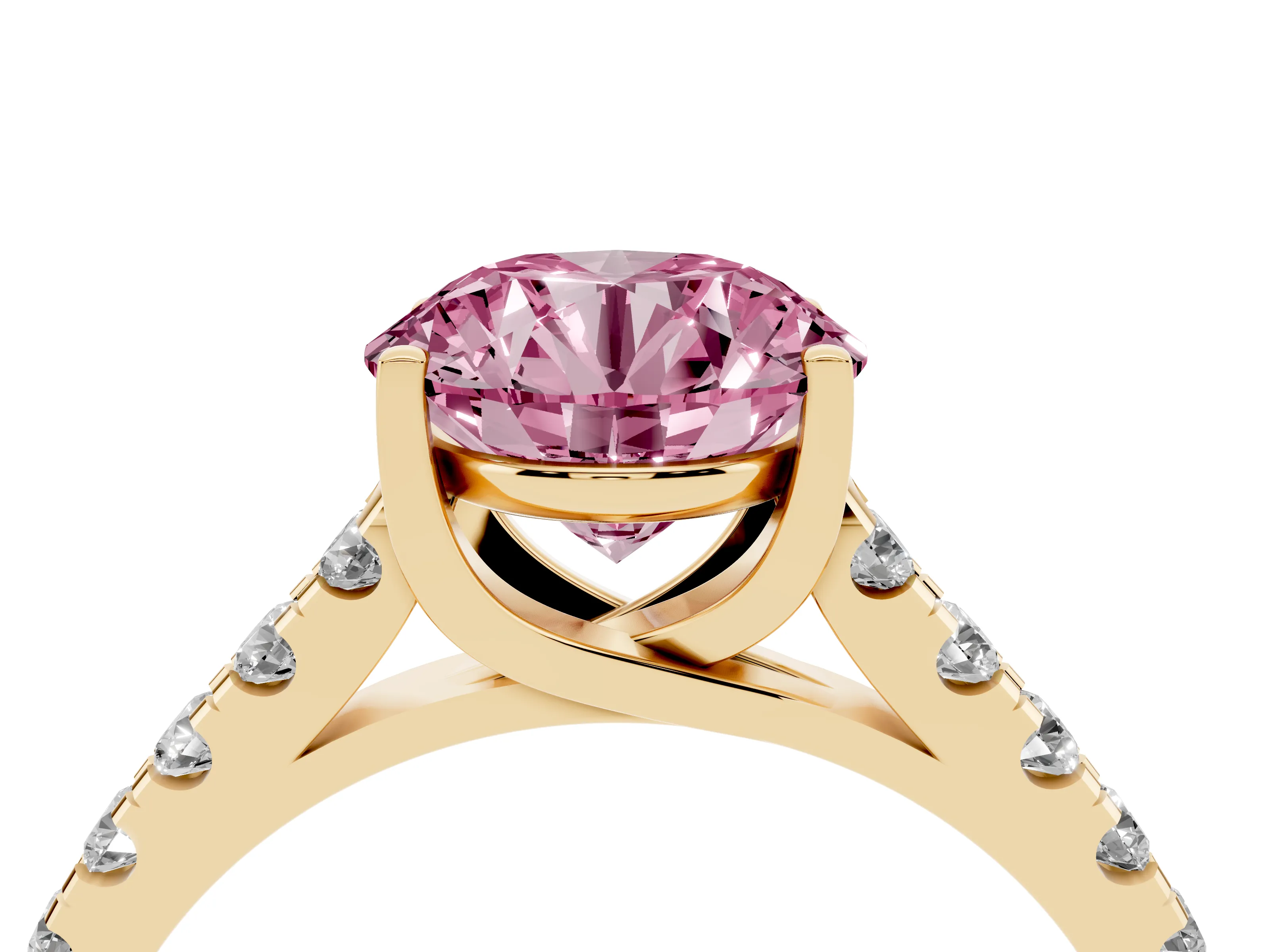 Fancy Pink Round Cut Diamond Pavé Band Solitaire Ring Set in Yellow gold with Partway Accent Stones and Prong Setting