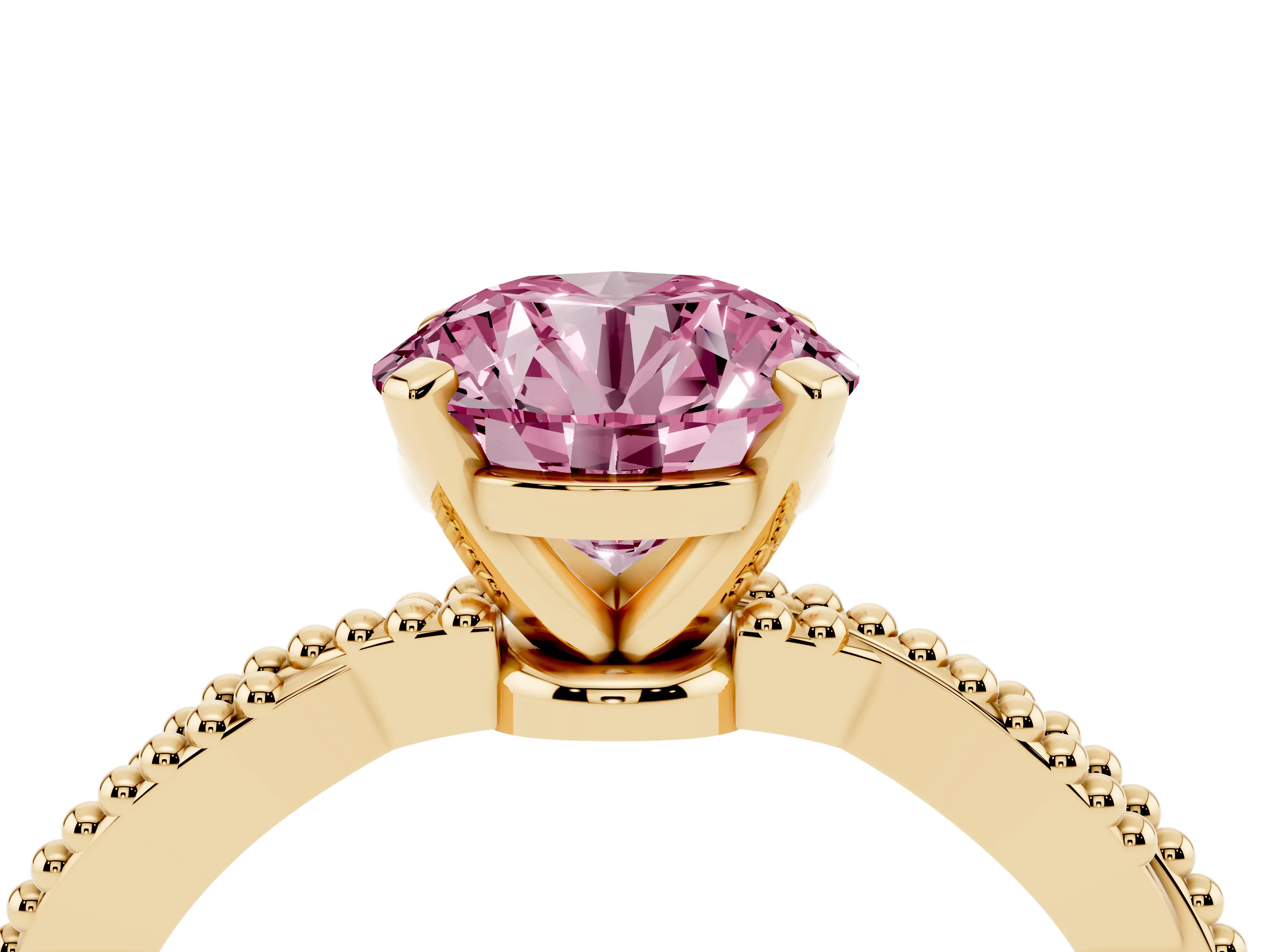 Fancy Pink Round Cut Diamond Solitaire Ring Set in Yellow gold with Twisted Band and Bead Prong Setting