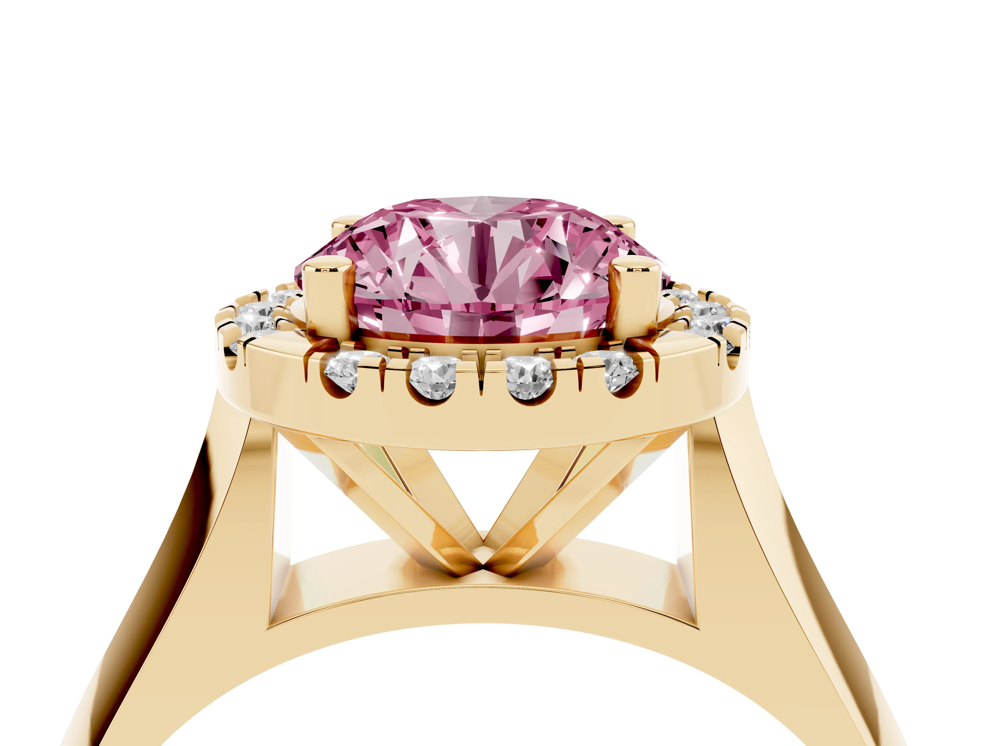 Fancy Pink Round Cut Diamond Halo Solitaire Engagement Ring Set in Yellow gold with Square Band and Prong Setting