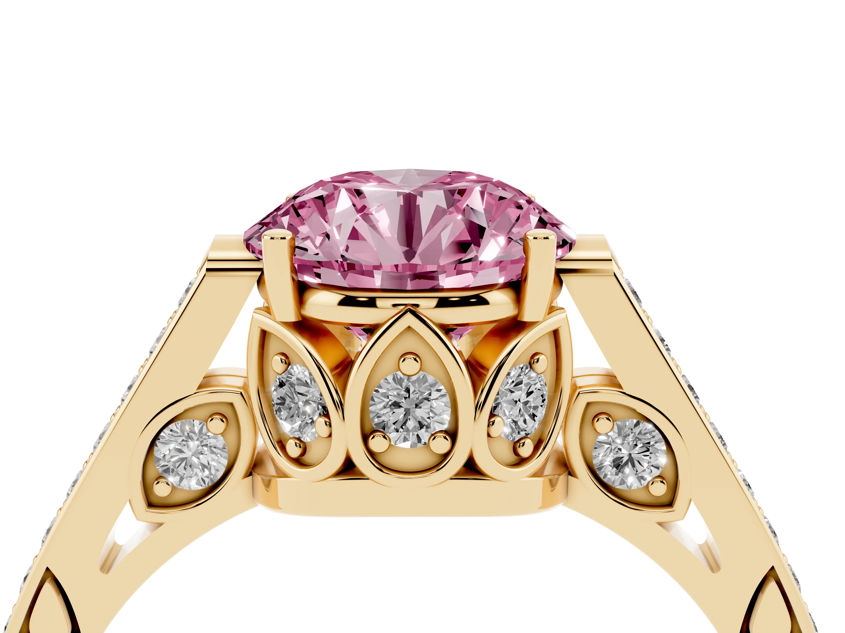 Fancy Pink Round Cut Diamond Cathedral Pavé Engagement Ring Set in Yellow gold with Prong Setting