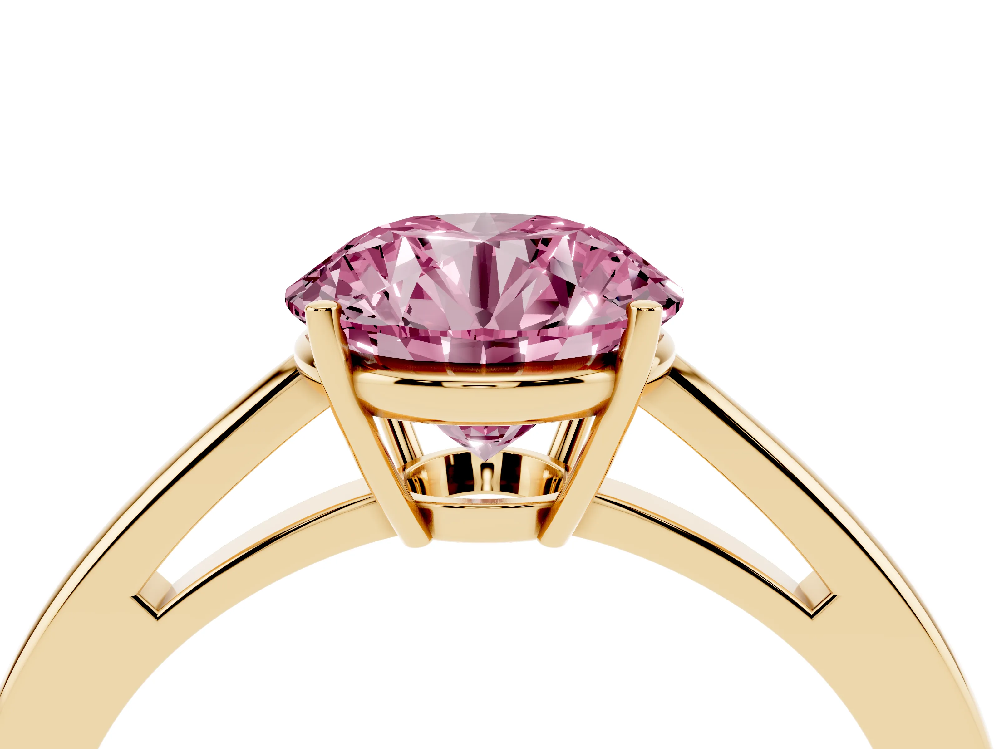 Fancy Pink Round Cut Diamond Solitaire Ring Set in Yellow gold with Split Shank and Prong Setting