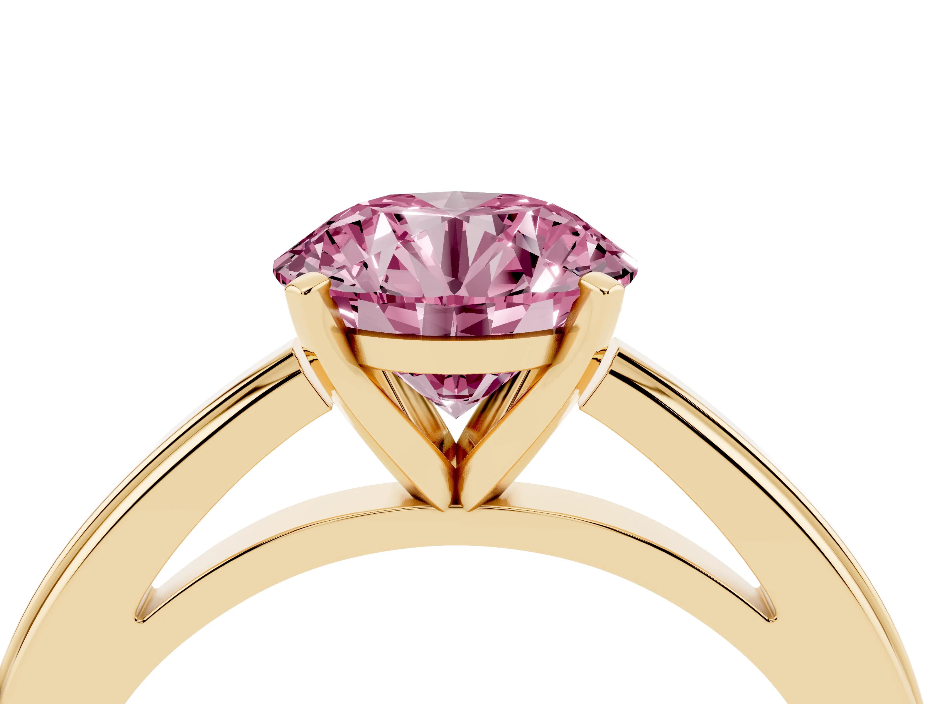Fancy Pink Round Cut Diamond Solitaire Ring Set in Yellow gold with Prong Setting and Classic Band