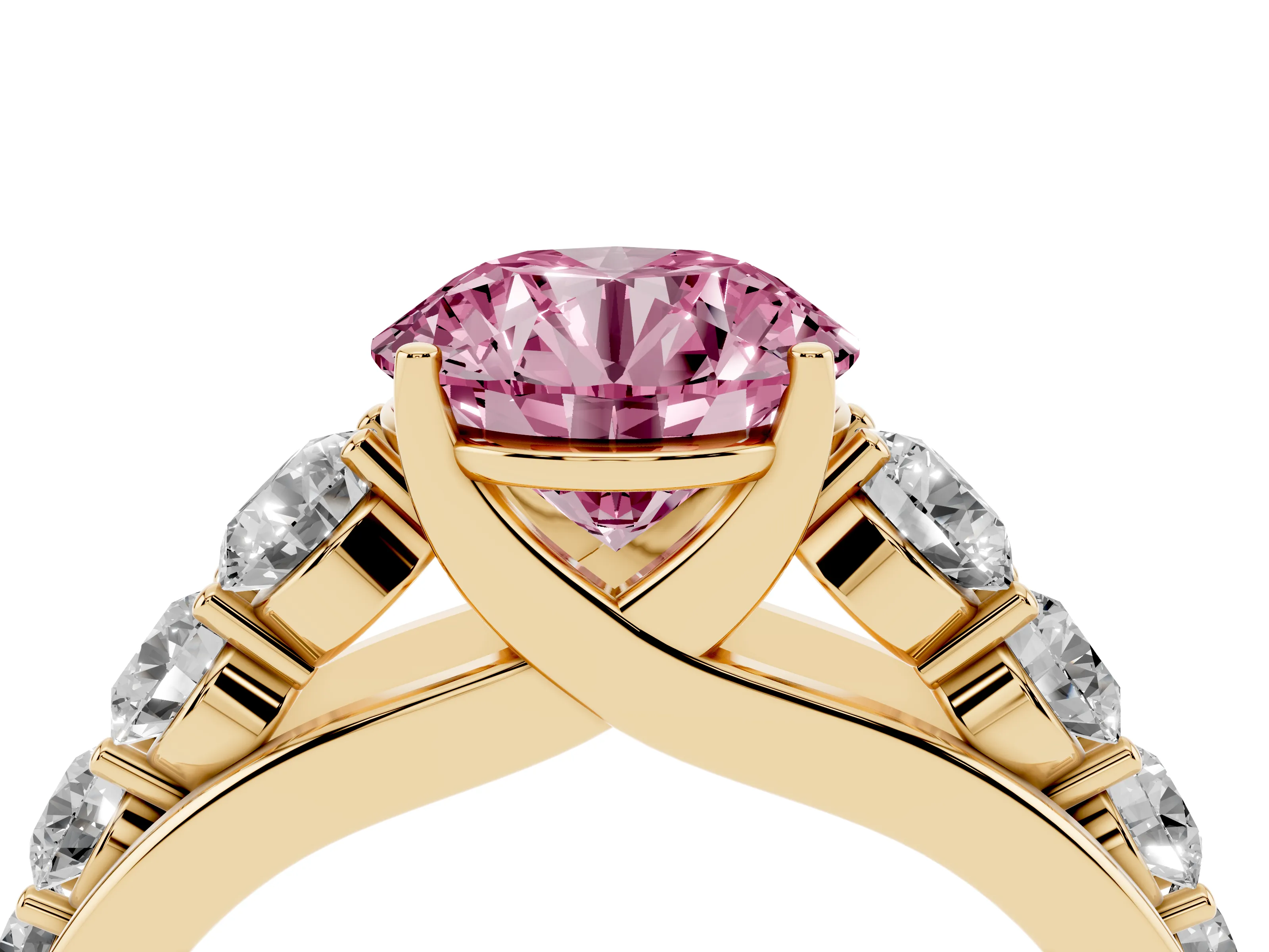 Fancy Pink Round Cut Diamond Solitaire Ring Set in Yellow gold with Pavé-Set Band and Prong Setting