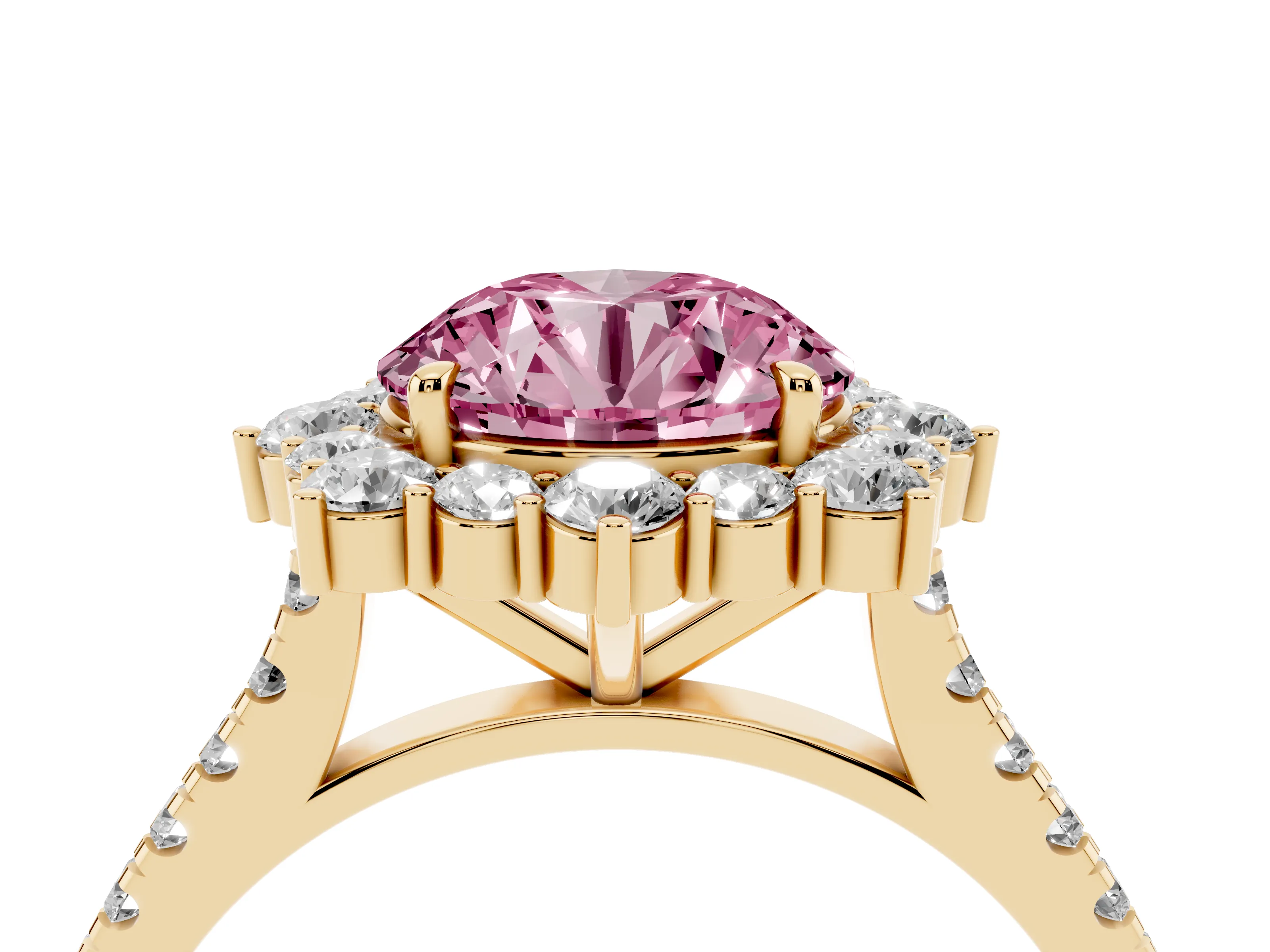 Fancy Pink Round Cut Diamond Halo Ring Set in Yellow gold with Pavé Band and Prong Setting