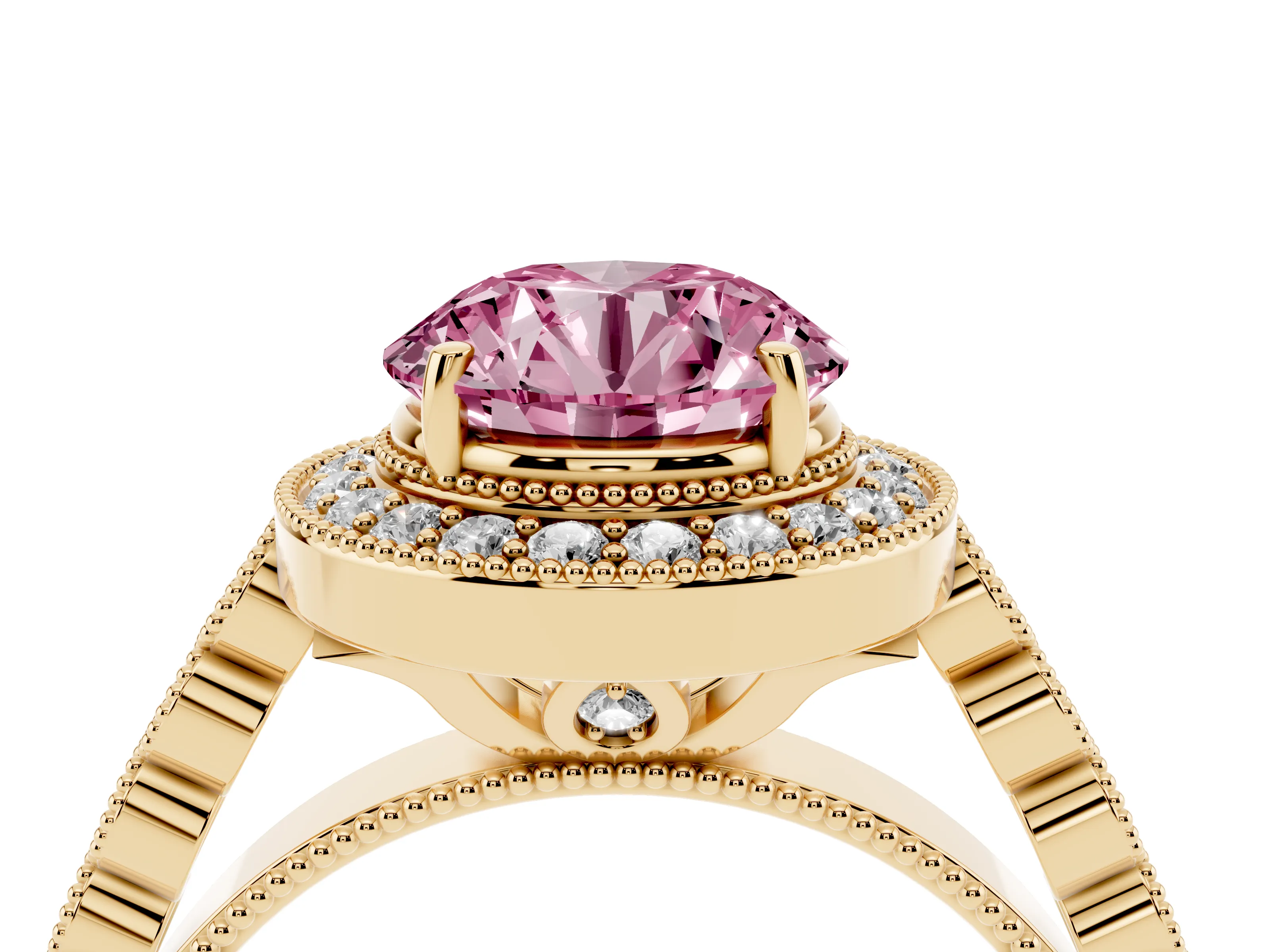 Fancy Pink Round Cut Diamond Milgrain Halo Solitaire Ring Set in Yellow gold with Bezel Set Side Stones and Pavé Band
